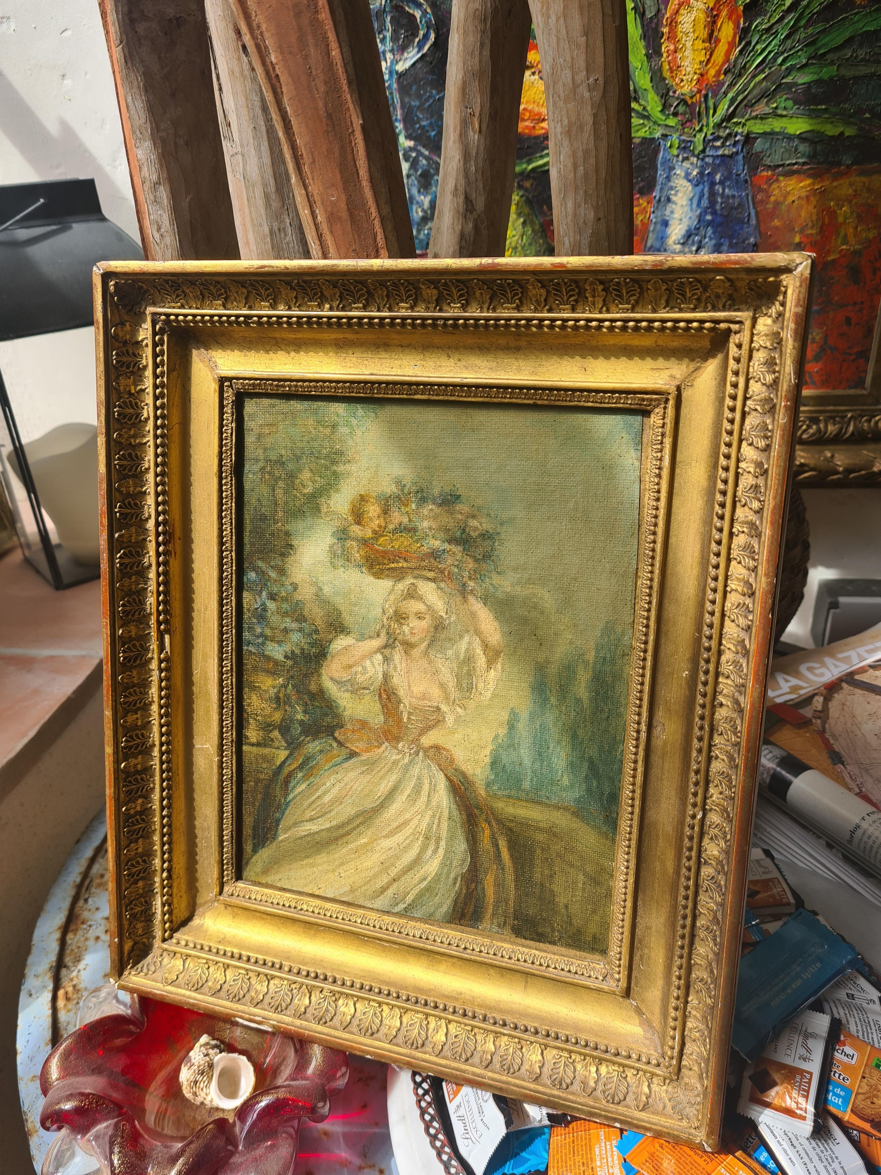 Alegoría del amor, Cupido con una bella vestida llevando una cesta de flores en venta 4