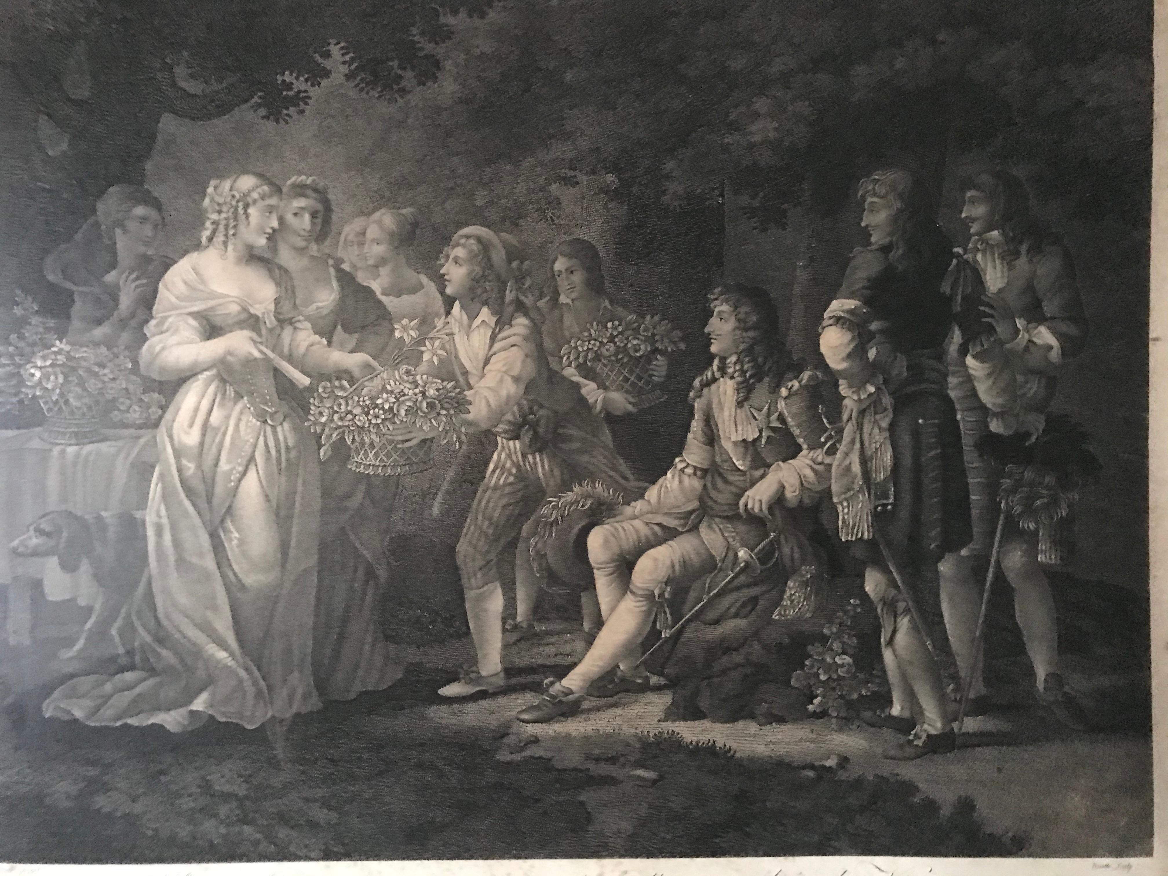 This charming engraving named Mademoiselle de La Vallières under a tent in the Bois de Vincennes was made by Louis Charles Ruotte, after the work of Jean Frédéric Schall. This engraving belongs to a series of 6 engravings dealing with the meeting