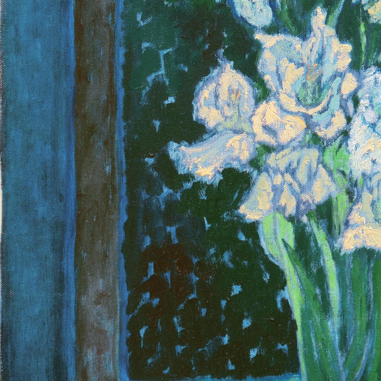 'Gladioli by Moonlight', Laguna Beach Art Association, Pasadena Art Museum - Blue Still-Life Painting by Jean Freeman
