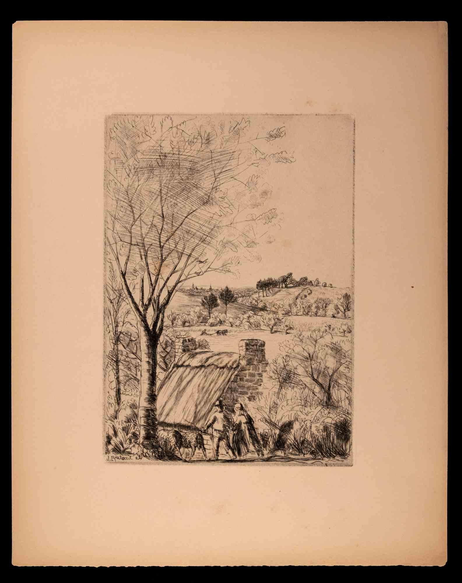 Countryside  - Original Etching by Jean Frélaut - 19th Century