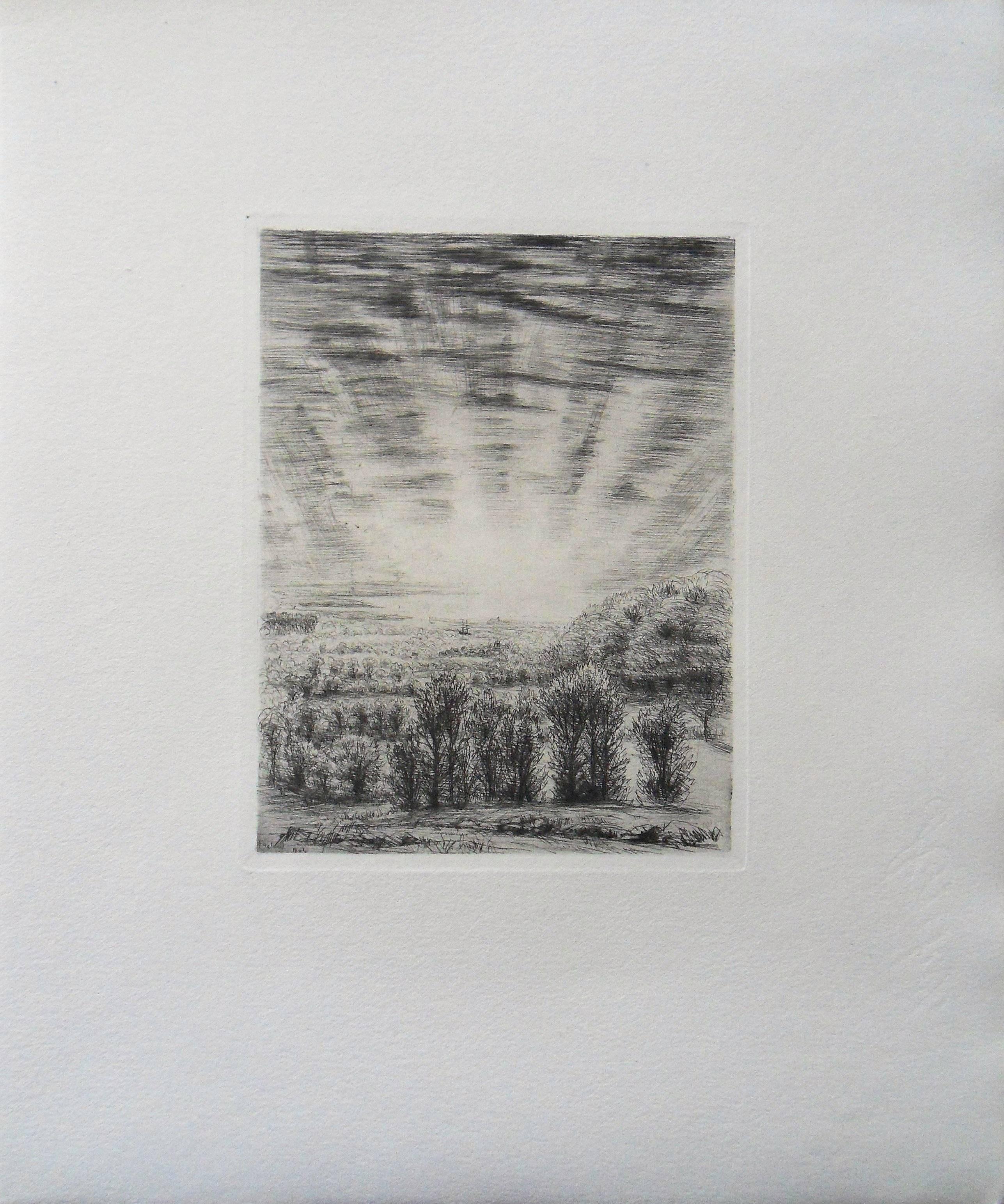 Einzigartiger Sonnenaufgang - Originalradierung, 1943 (Moderne), Print, von Jean Frélaut