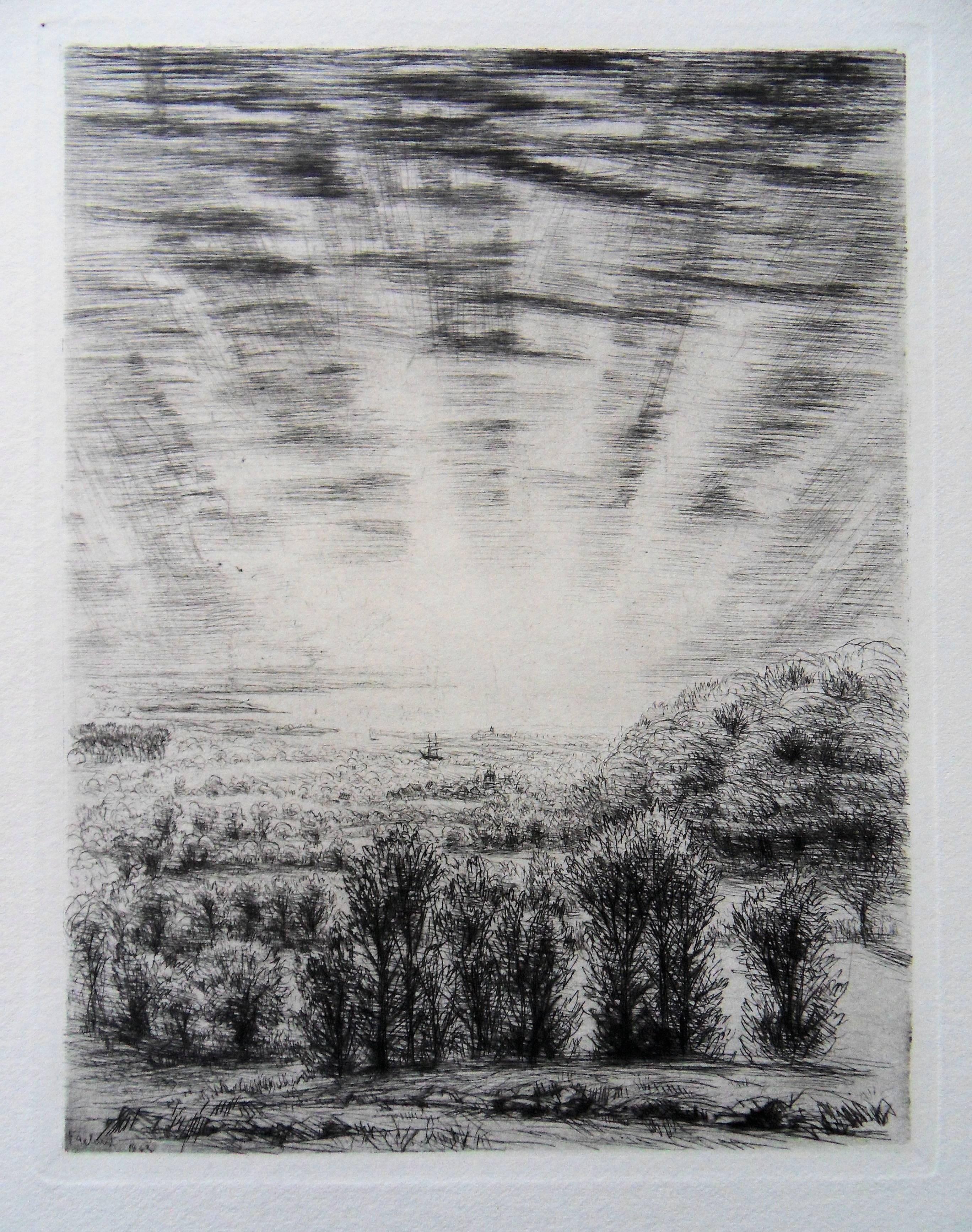Jean Frélaut Landscape Print – Einzigartiger Sonnenaufgang - Originalradierung, 1943