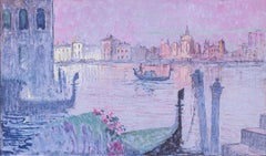 Cuadro en técnica mixta del siglo XX de un gondolero en el Gran Canal de Venecia