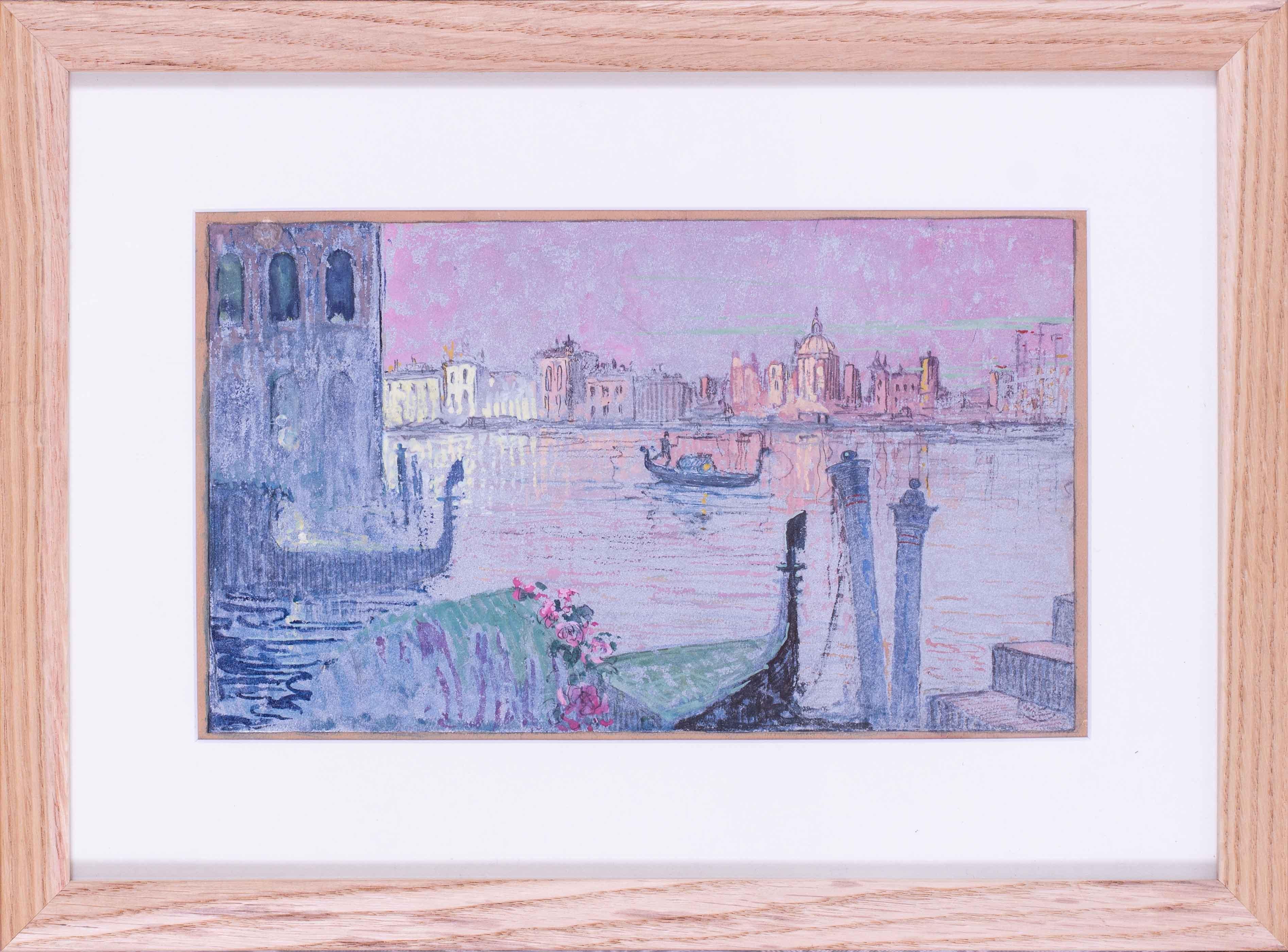 Peinture en techniques mixtes du 20e siècle représentant un gondolier sur un grand canal, Venise