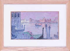 20th Century mixed media painting of a gondolier on grand canal, Venice