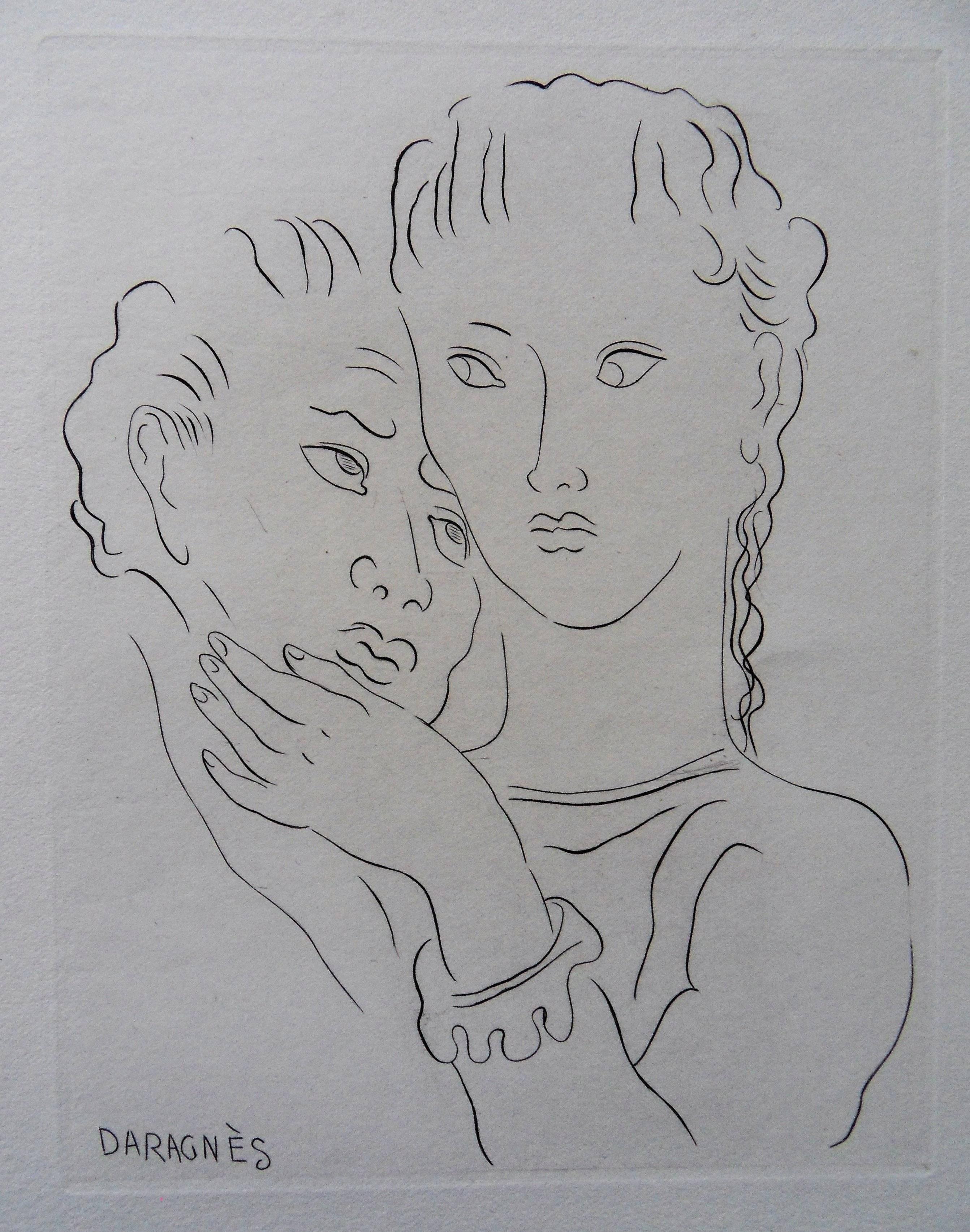 Jean Gabriel Daragnès  Figurative Print - The Hug - Original etching, 1943