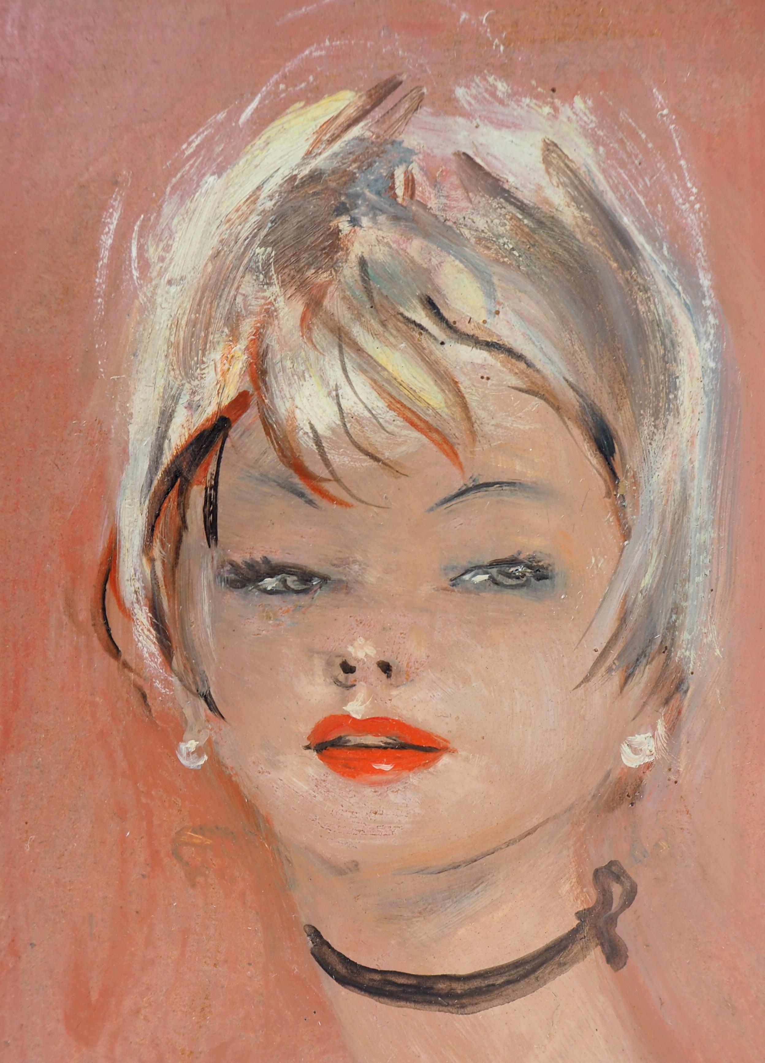 Anette : Blond Hair Nude on Pink Background - Original handsigned oil painting - Modern Painting by Jean-Gabriel Domergue