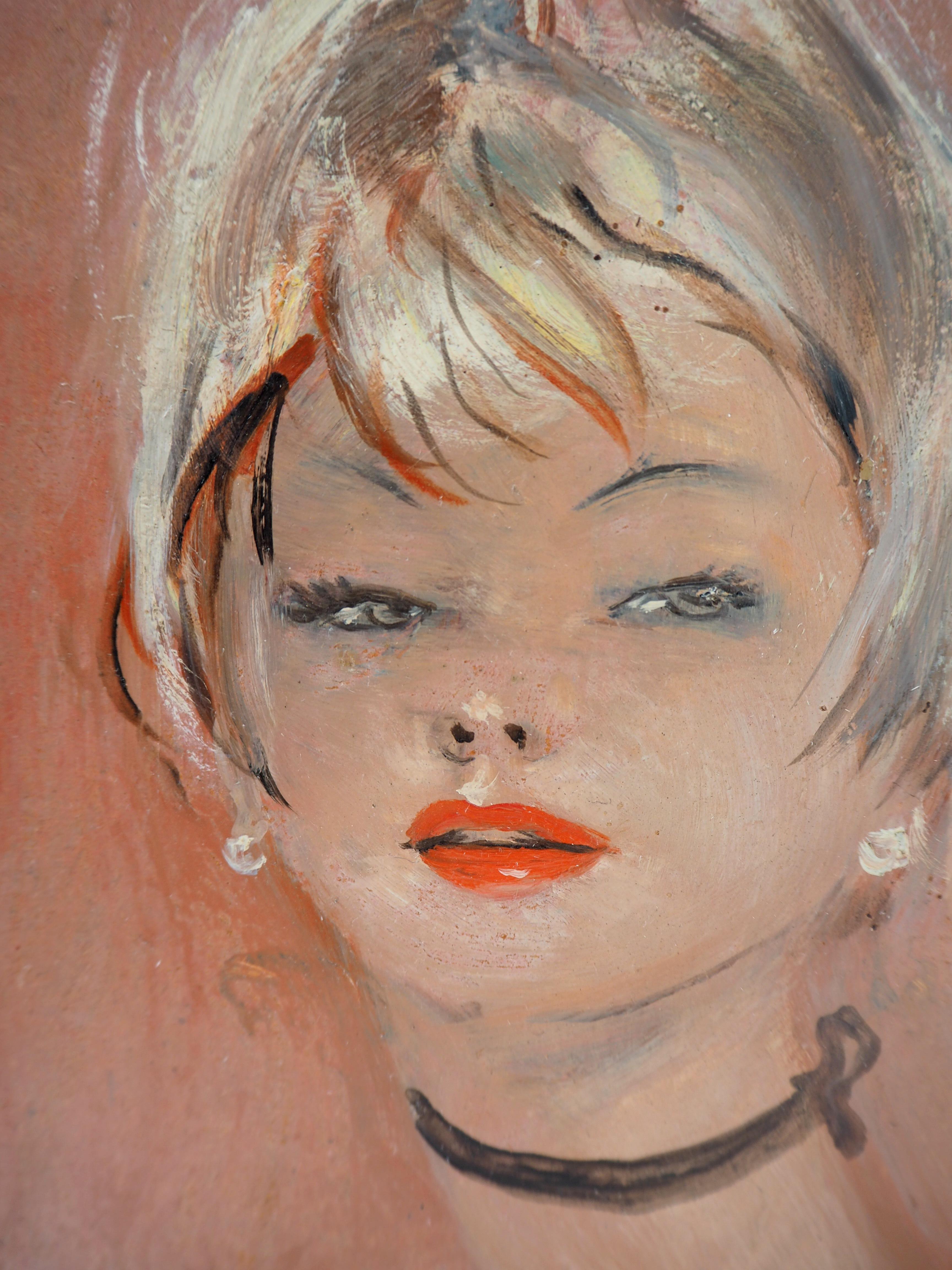 Anette : Blond Hair Nude on Pink Background - Original handsigned oil painting - Brown Nude Painting by Jean-Gabriel Domergue