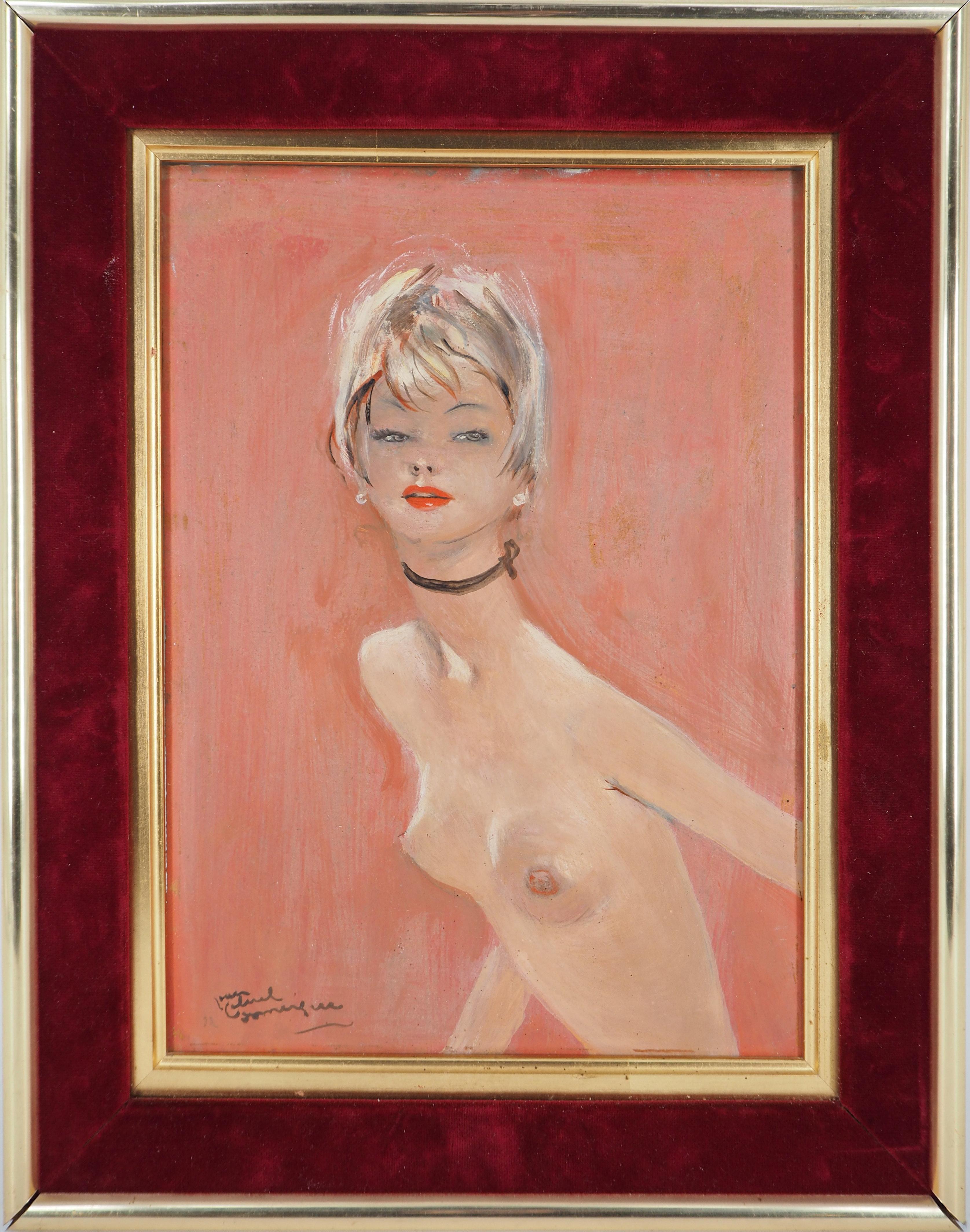 Jean-Gabriel Domergue Nude Painting - Anette : Blond Hair Nude on Pink Background - Original handsigned oil painting