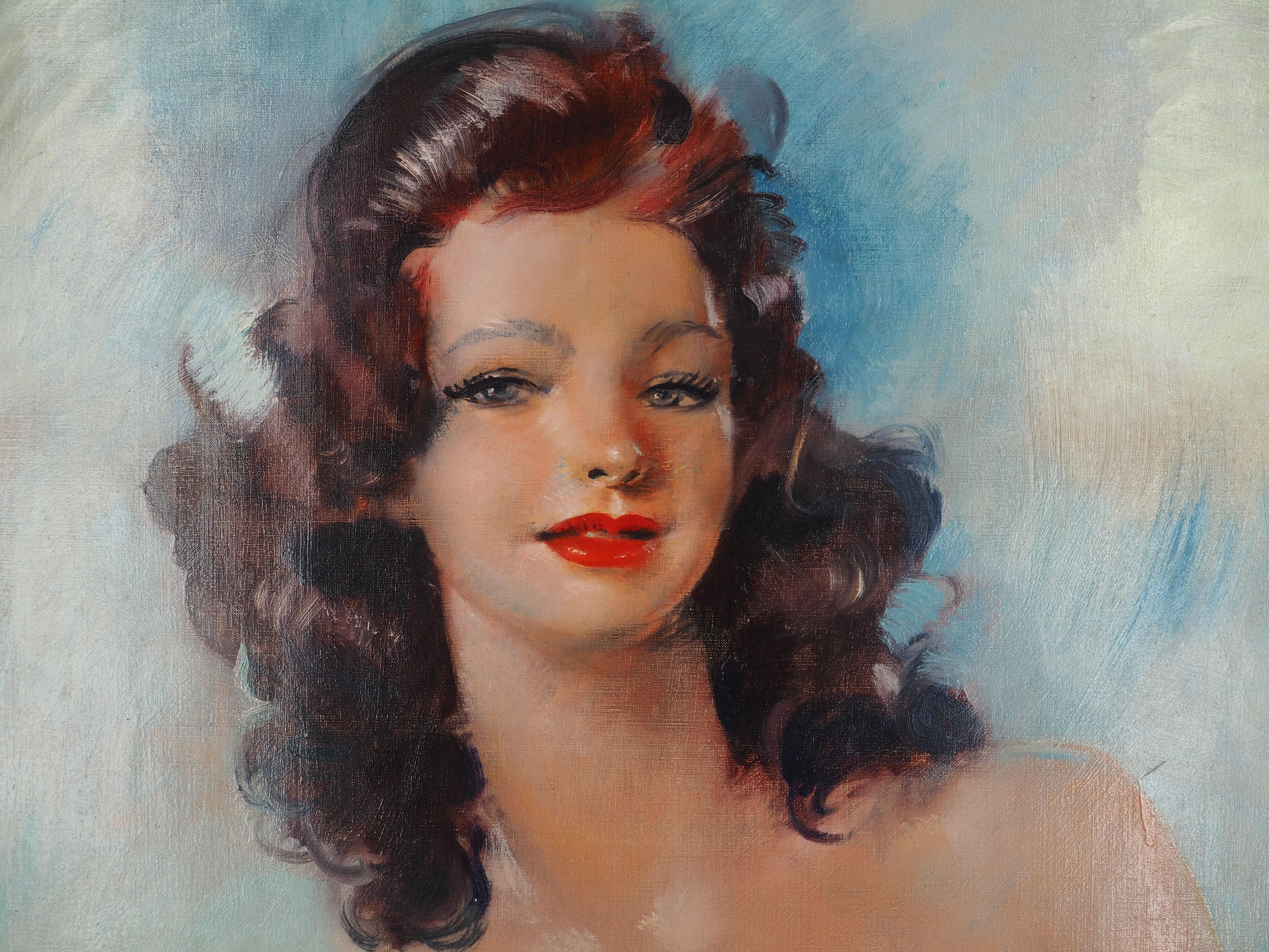 Barbara, Nude on Blue Background - Original Oil Painting, Handsigned For Sale 8