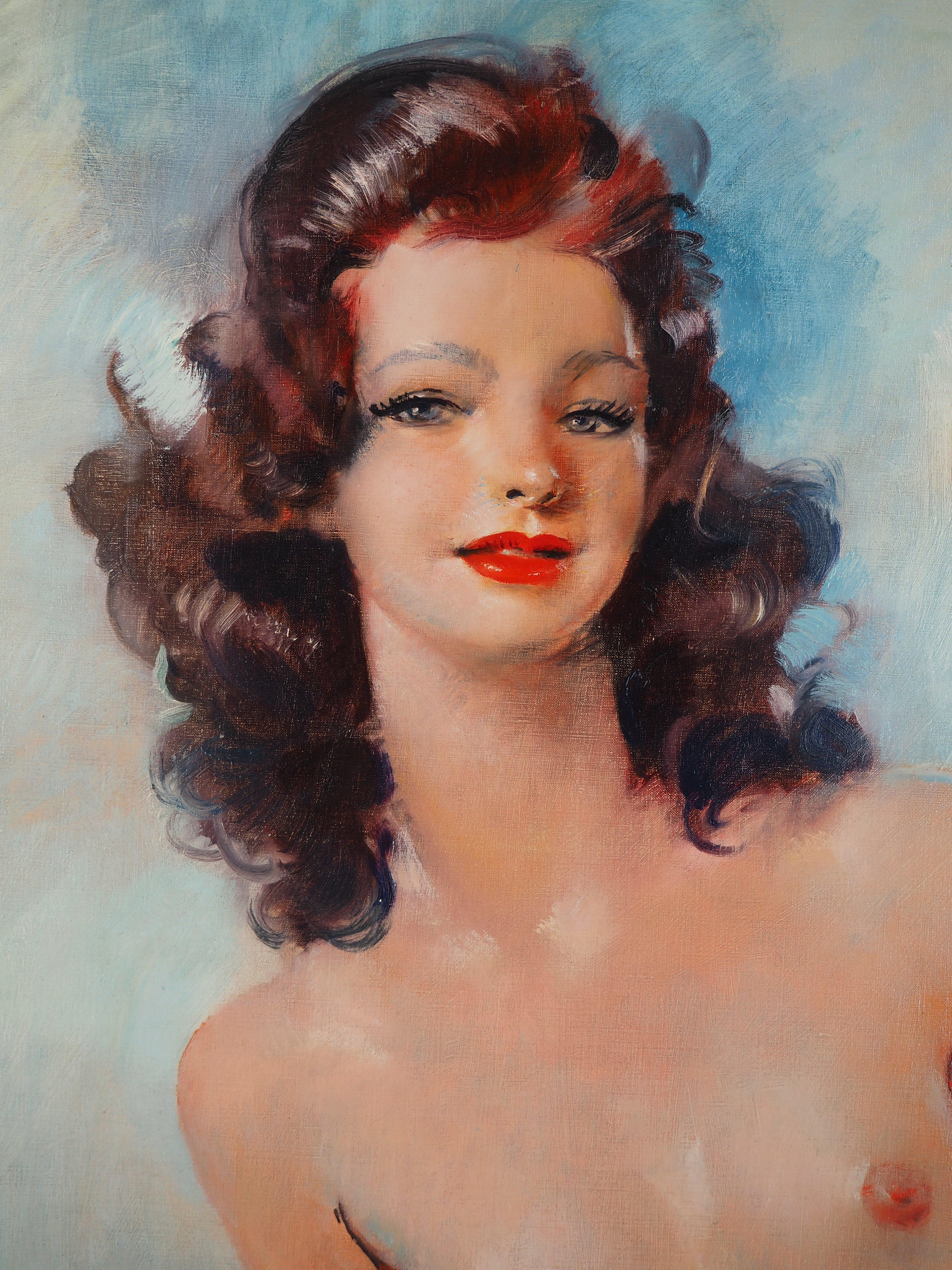 Barbara, Nude on Blue Background - Original Oil Painting, Handsigned For Sale 10