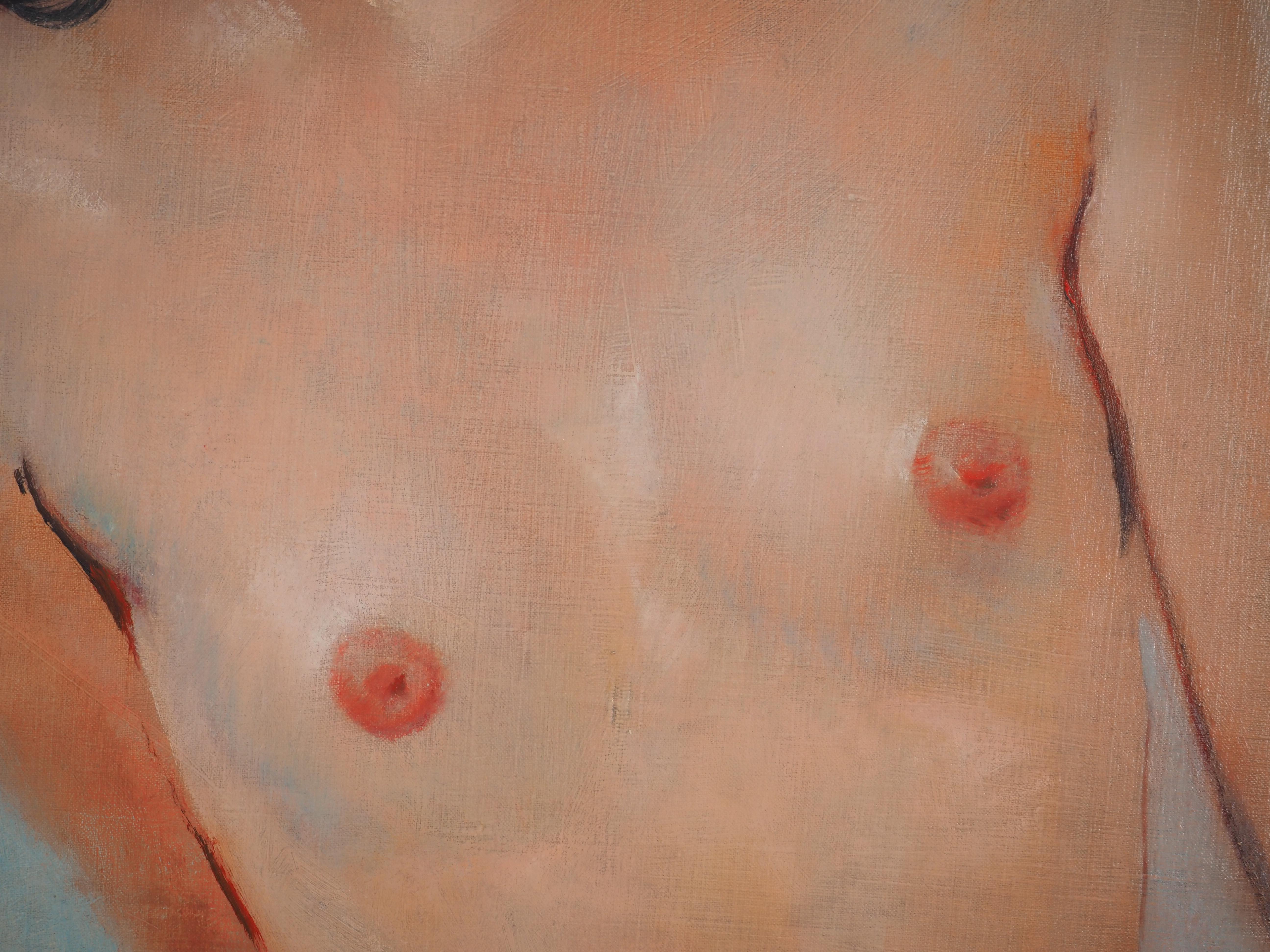 Barbara, Nude on Blue Background - Original Oil Painting, Handsigned For Sale 12