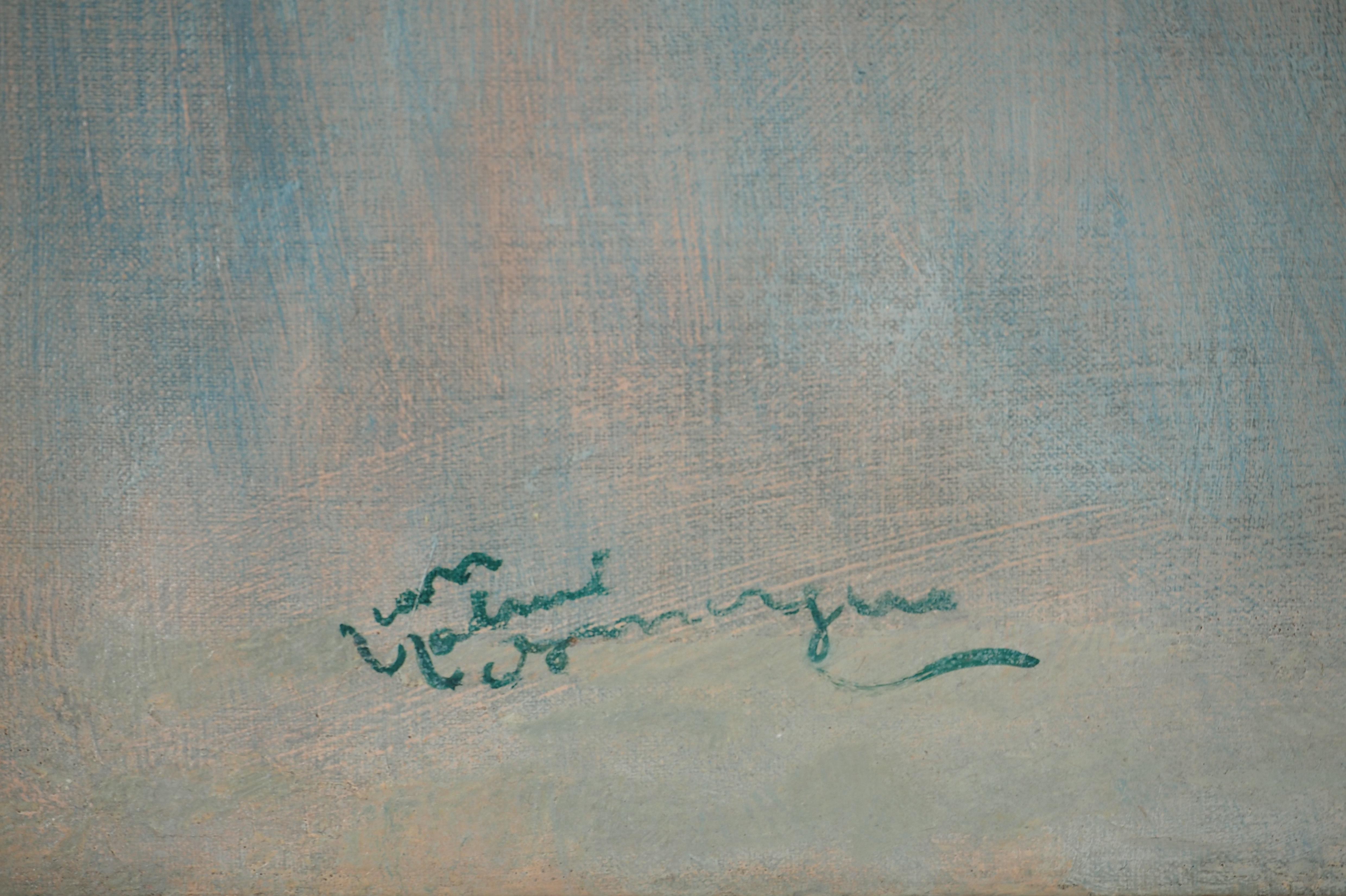 Barbara, Nude on Blue Background - Original Oil Painting, Handsigned - Beige Nude Painting by Jean-Gabriel Domergue