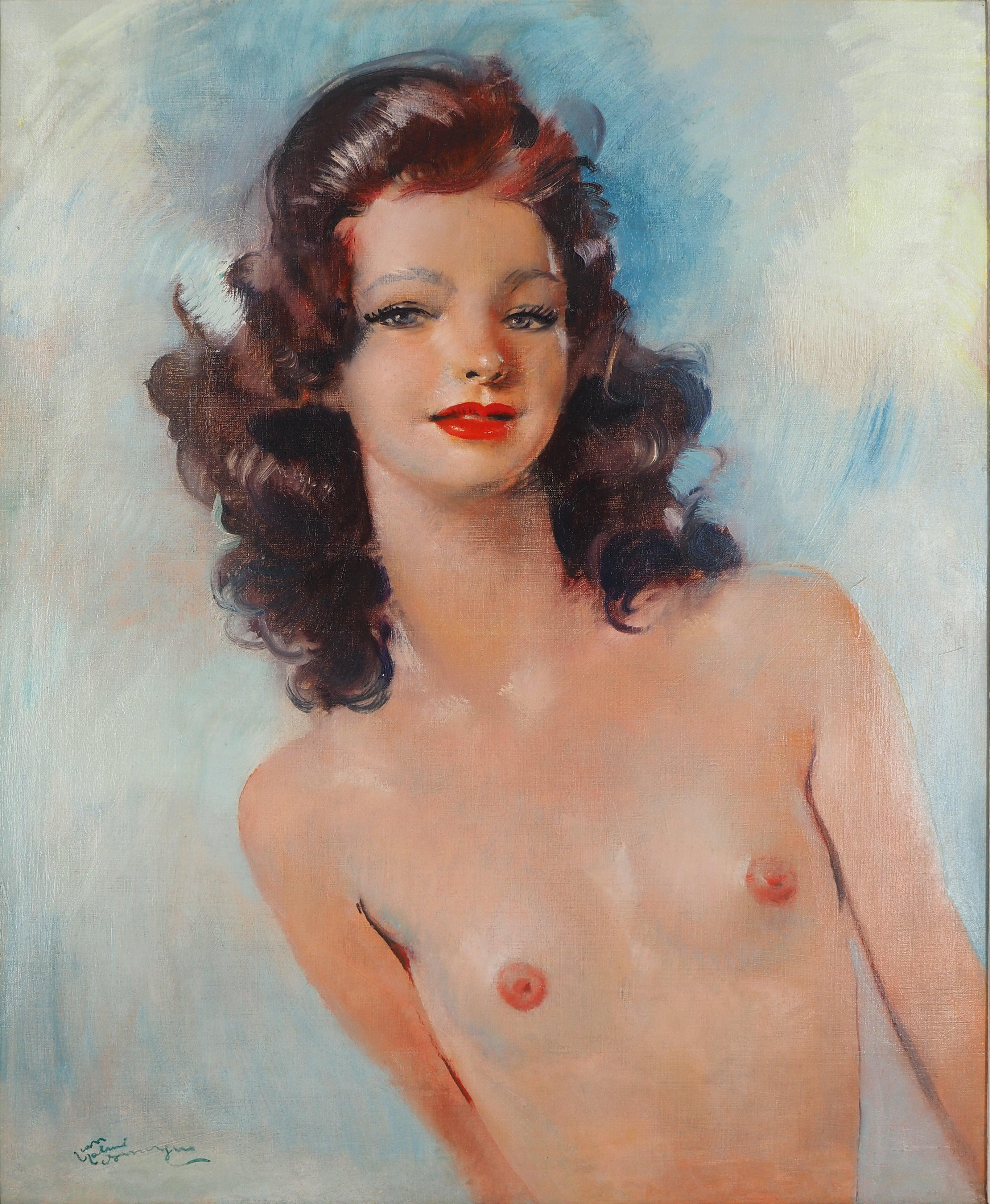 Barbara, Nude on Blue Background - Original Oil Painting, Handsigned For Sale 1