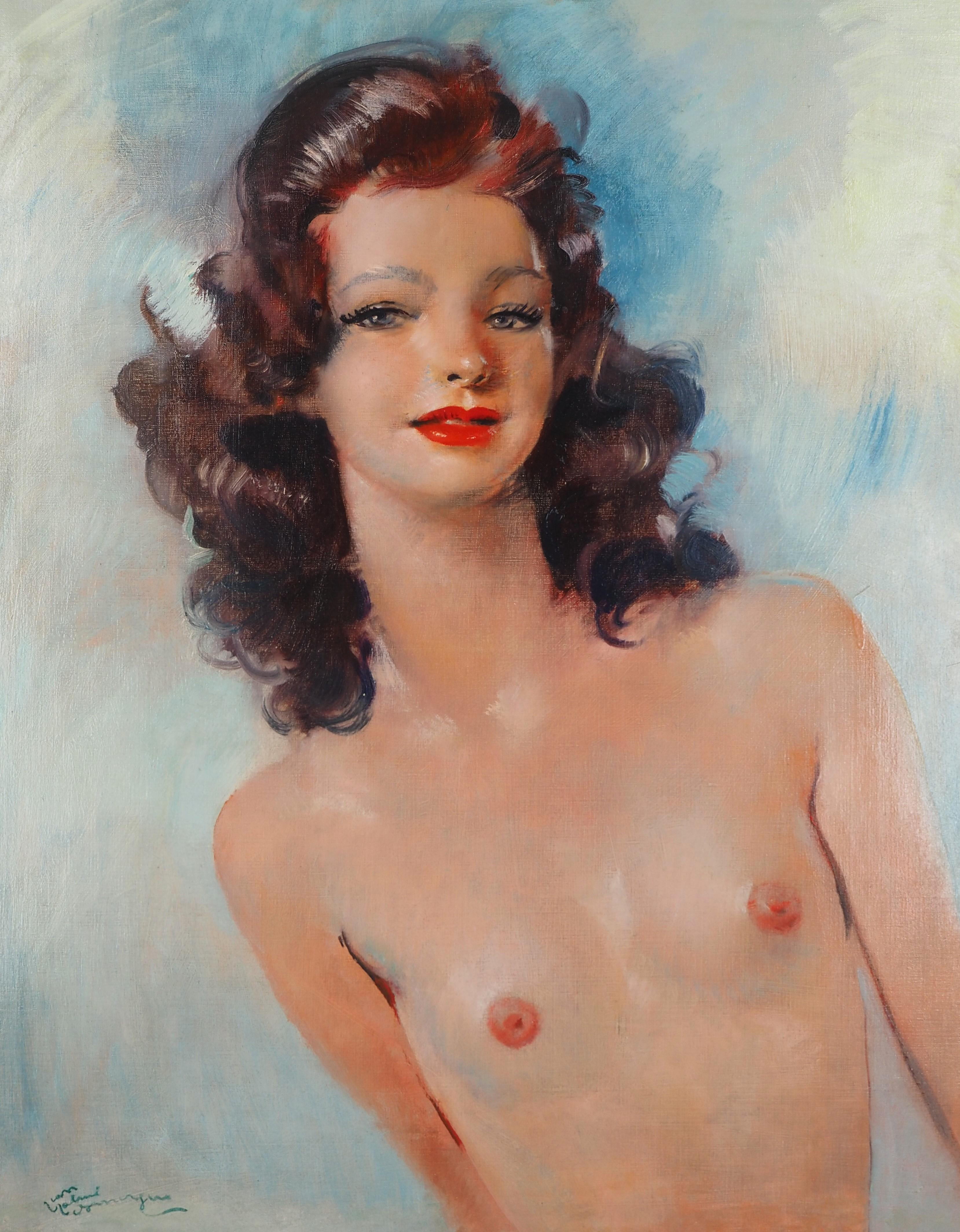 Barbara, Nude on Blue Background - Original Oil Painting, Handsigned For Sale 2