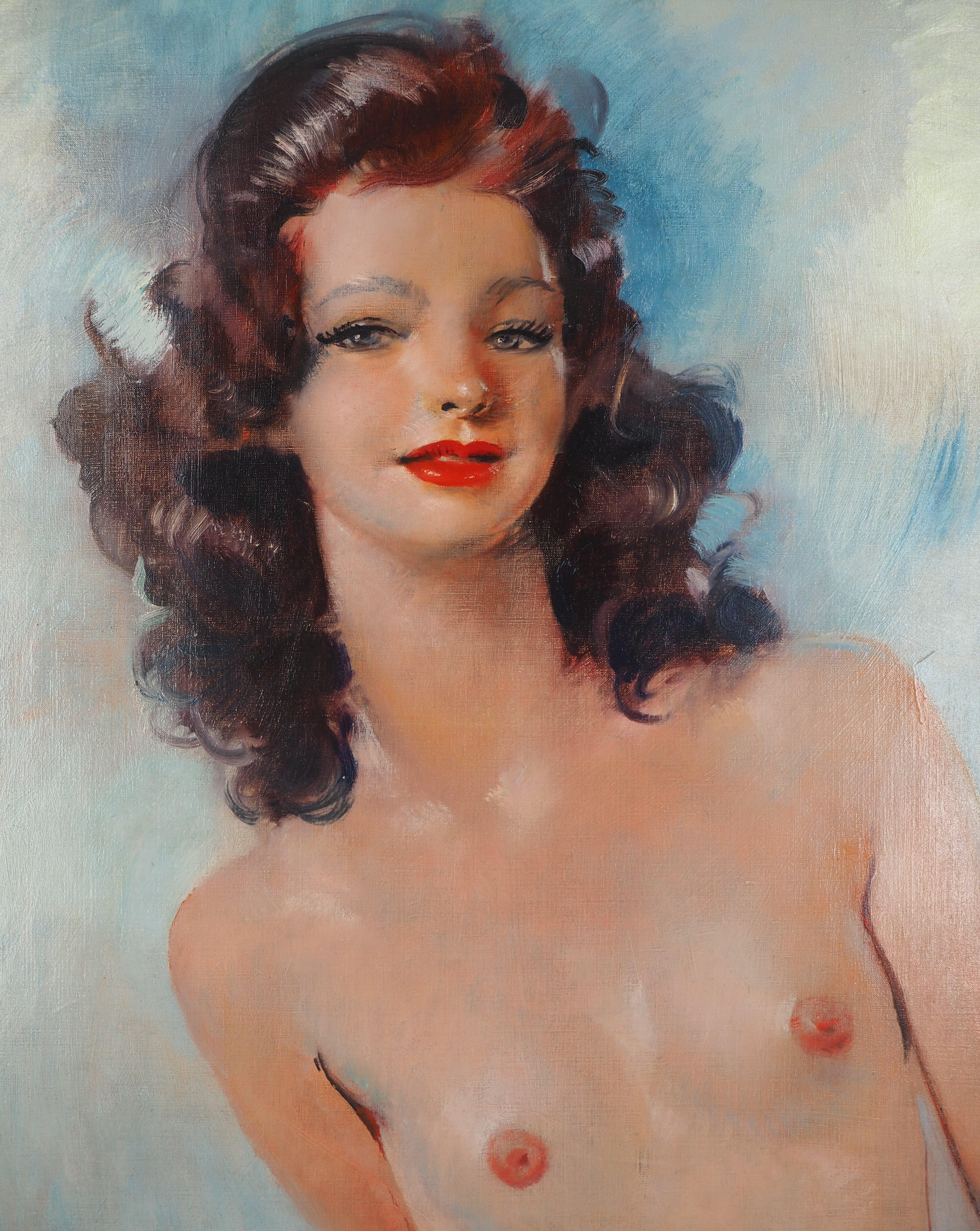 Barbara, Nude on Blue Background - Original Oil Painting, Handsigned For Sale 4