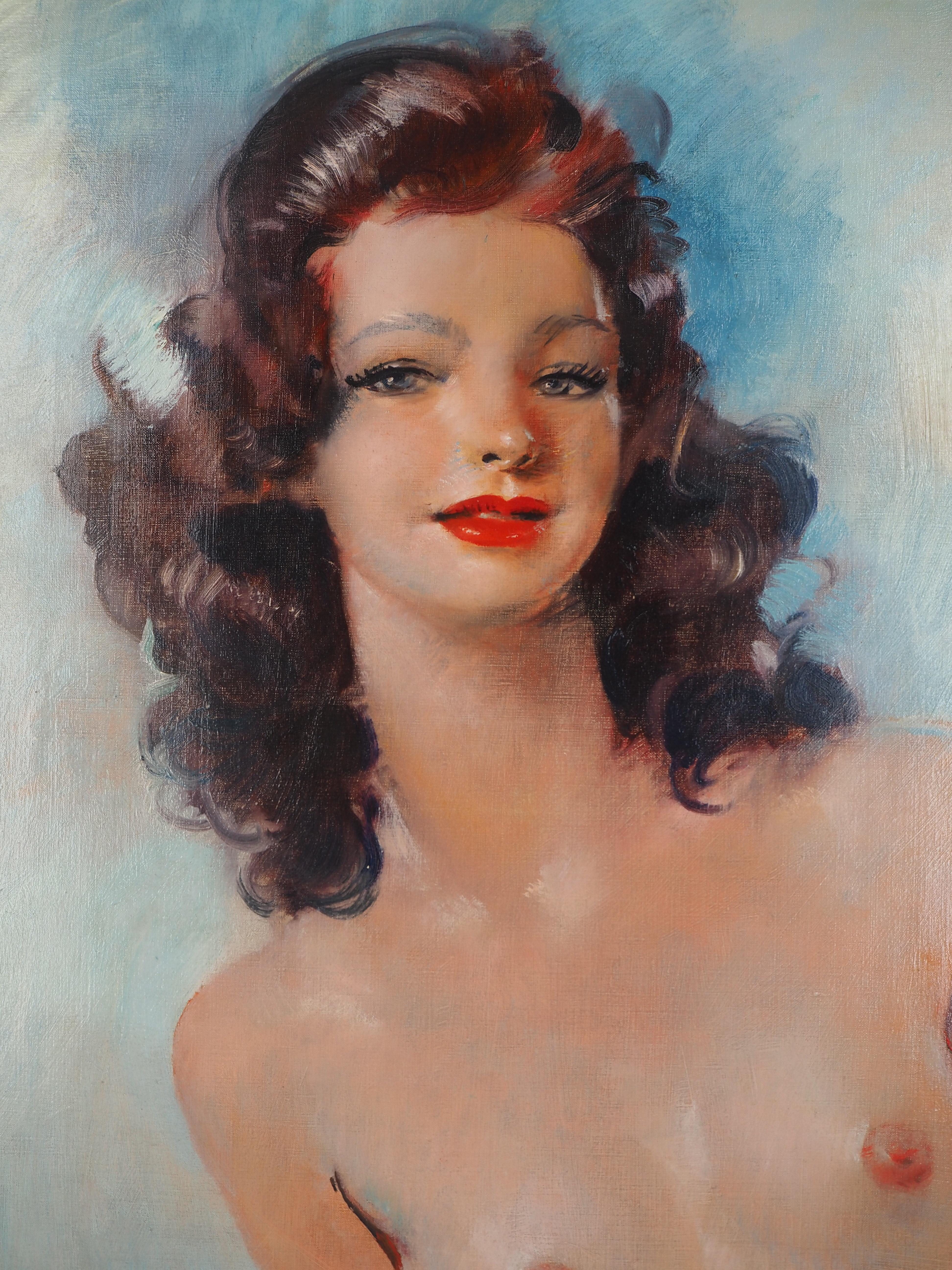 Barbara, Nude on Blue Background - Original Oil Painting, Handsigned For Sale 5