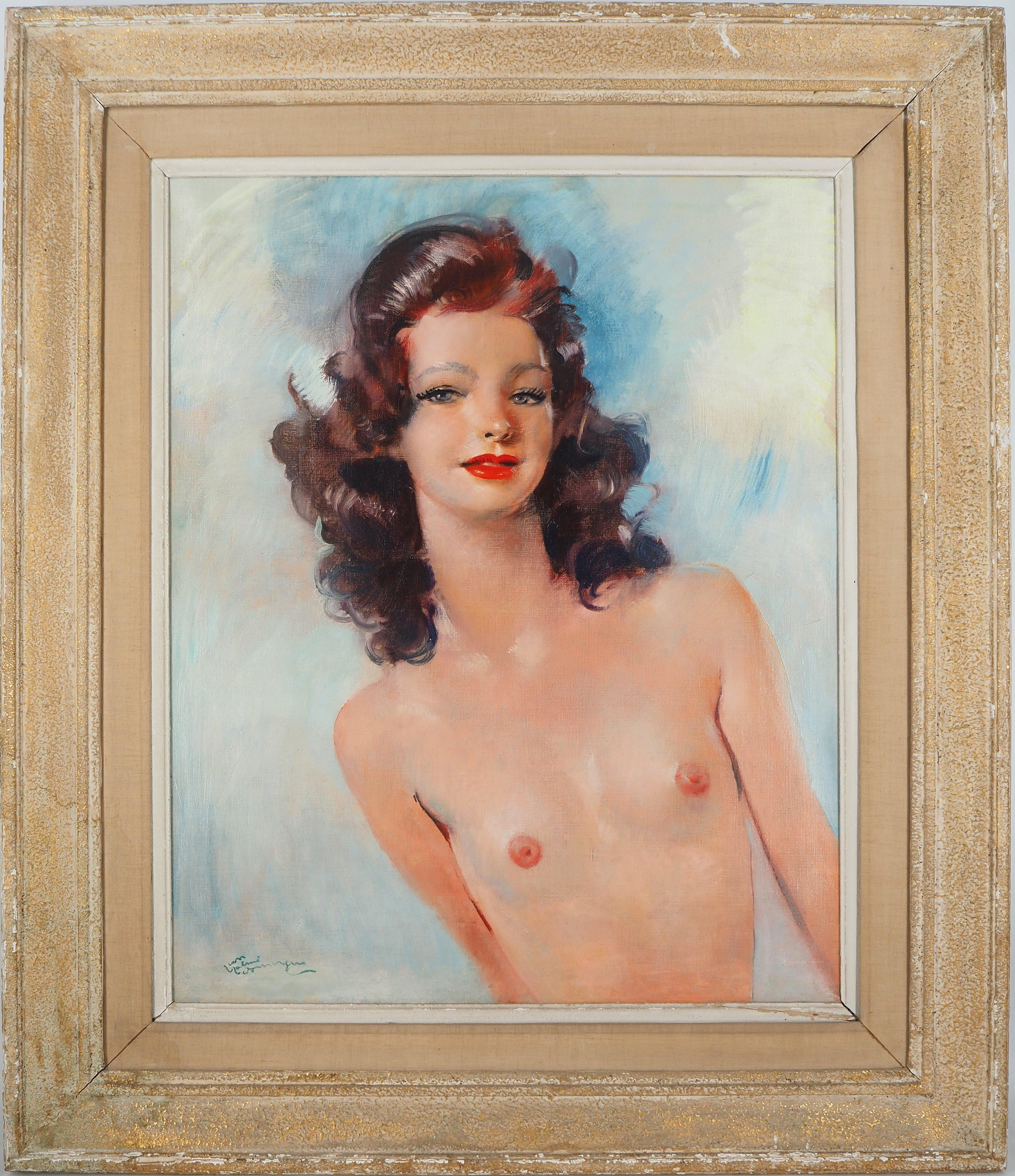 Jean-Gabriel Domergue Nude Painting - Barbara, Nude on Blue Background - Original Oil Painting, Handsigned