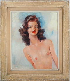 Barbara, nu sur fond bleu - Peinture à l'huile originale, signée à la main