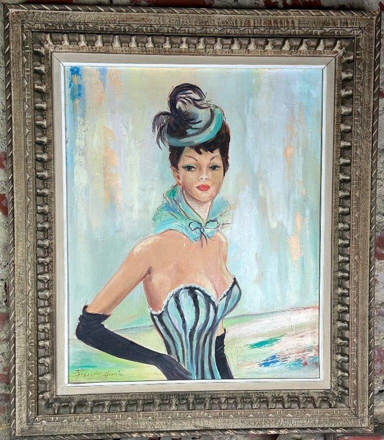 Busto retrato de mujer Gran óleo vintage sobre lienzo según Jean-Gabriel Domergue en venta 3