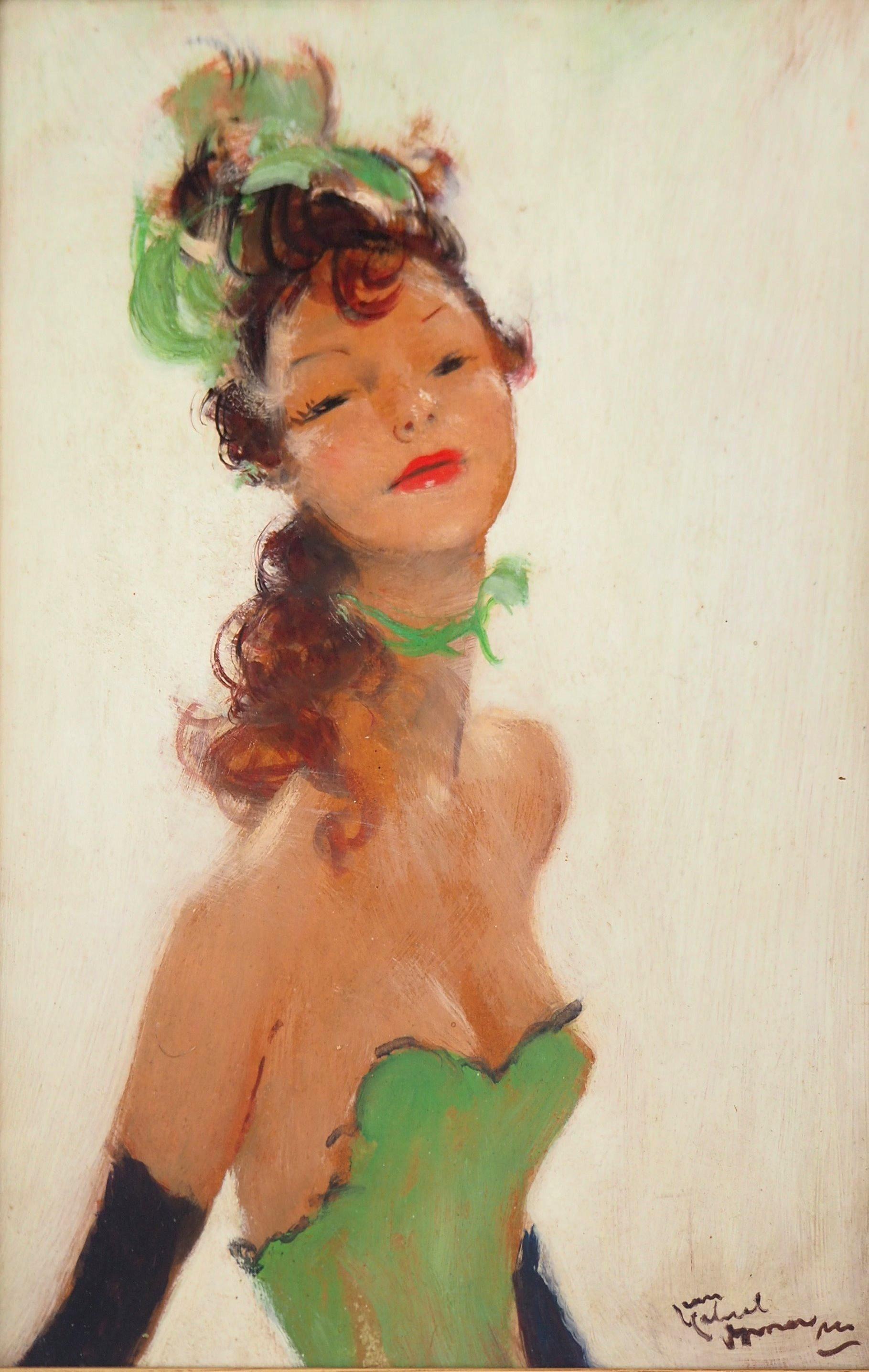 Damsel in Green - Original Oil on Panel, Handsigned  - Painting by Jean-Gabriel Domergue