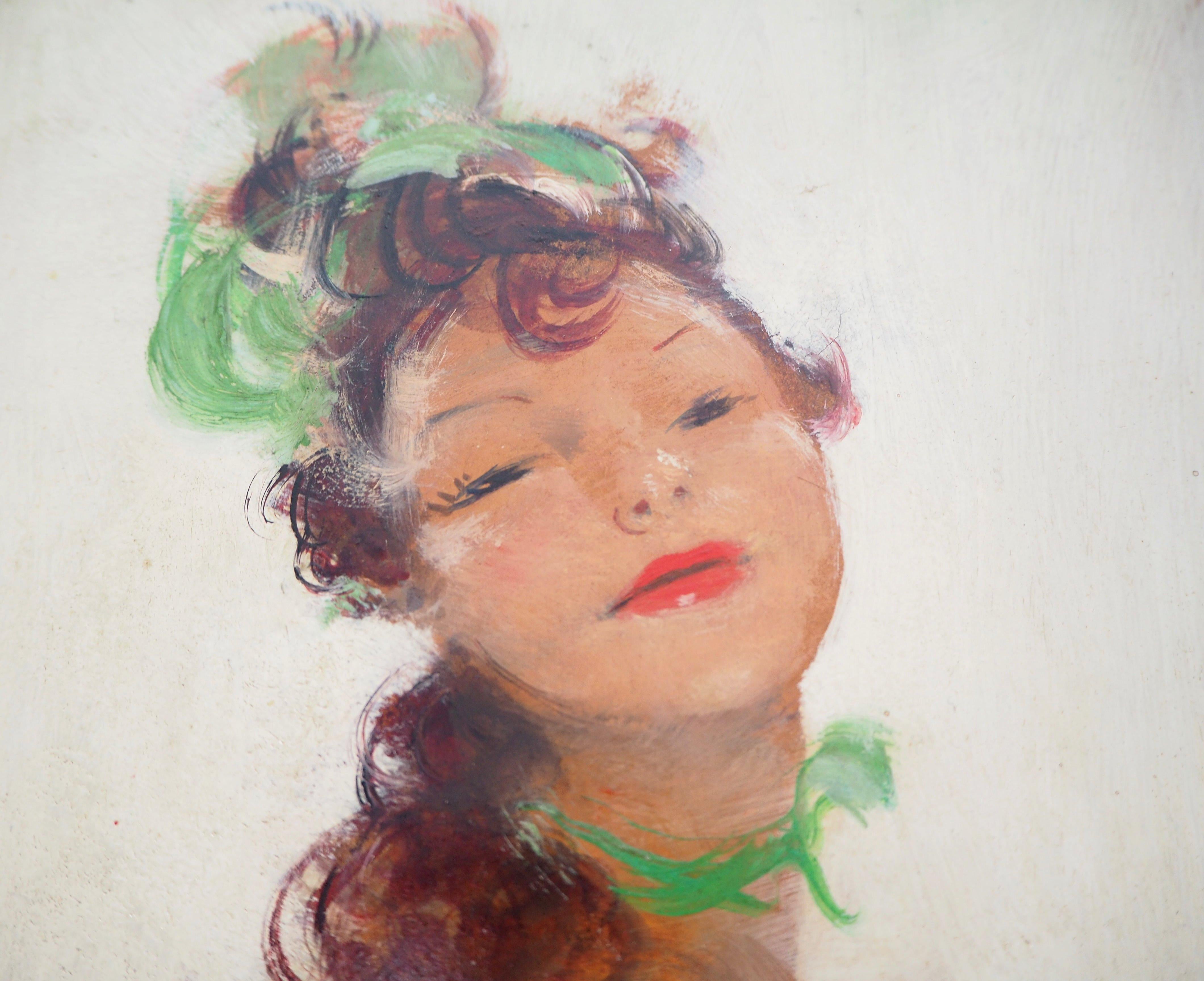 Damsel in Green - Original Oil on Panel, Handsigned  - Beige Portrait Painting by Jean-Gabriel Domergue