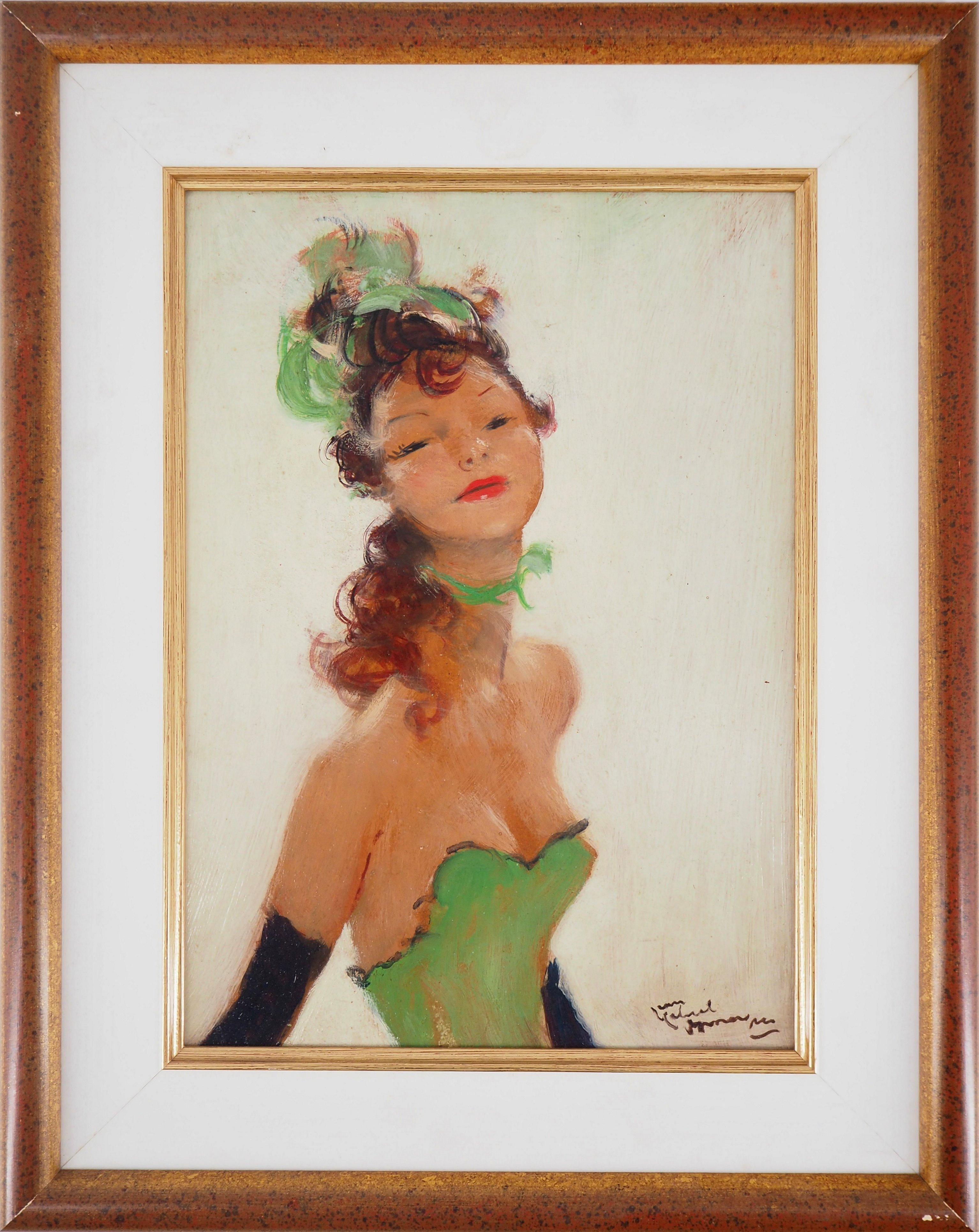 Jean-Gabriel Domergue Portrait Painting - Damsel in Green - Original Oil on Panel, Handsigned 