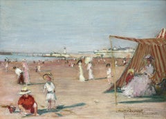 Deauville - Early 20th Century Oil, Elegant Figures at Beach/Coast by J Domergue