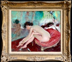 Dressing - Öl des 20. Jahrhunderts:: Akt im Boudoir-Interieur von Jean-Gabriel Domergue