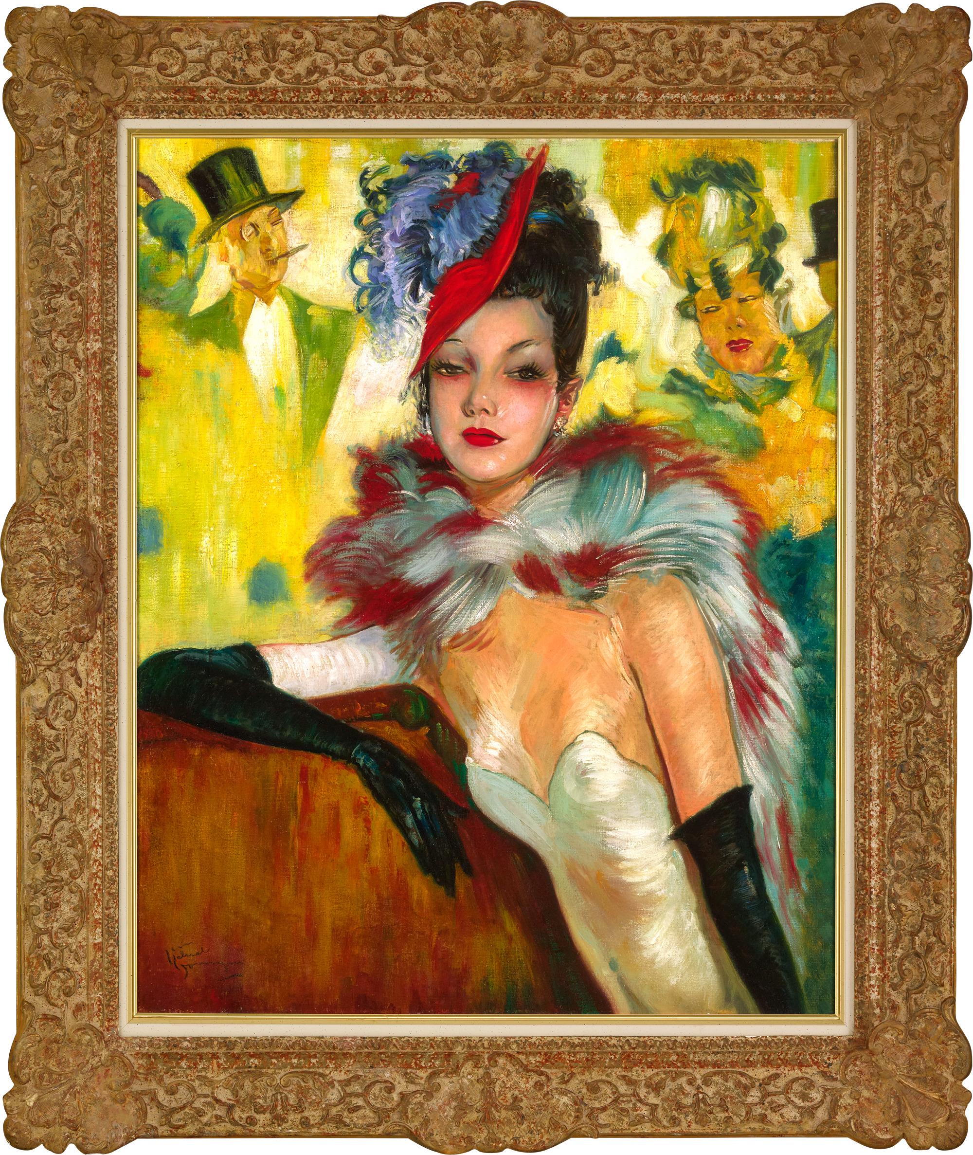Elegant Lady with Feather Boa by Jean-Gabriel Domergue For Sale 1