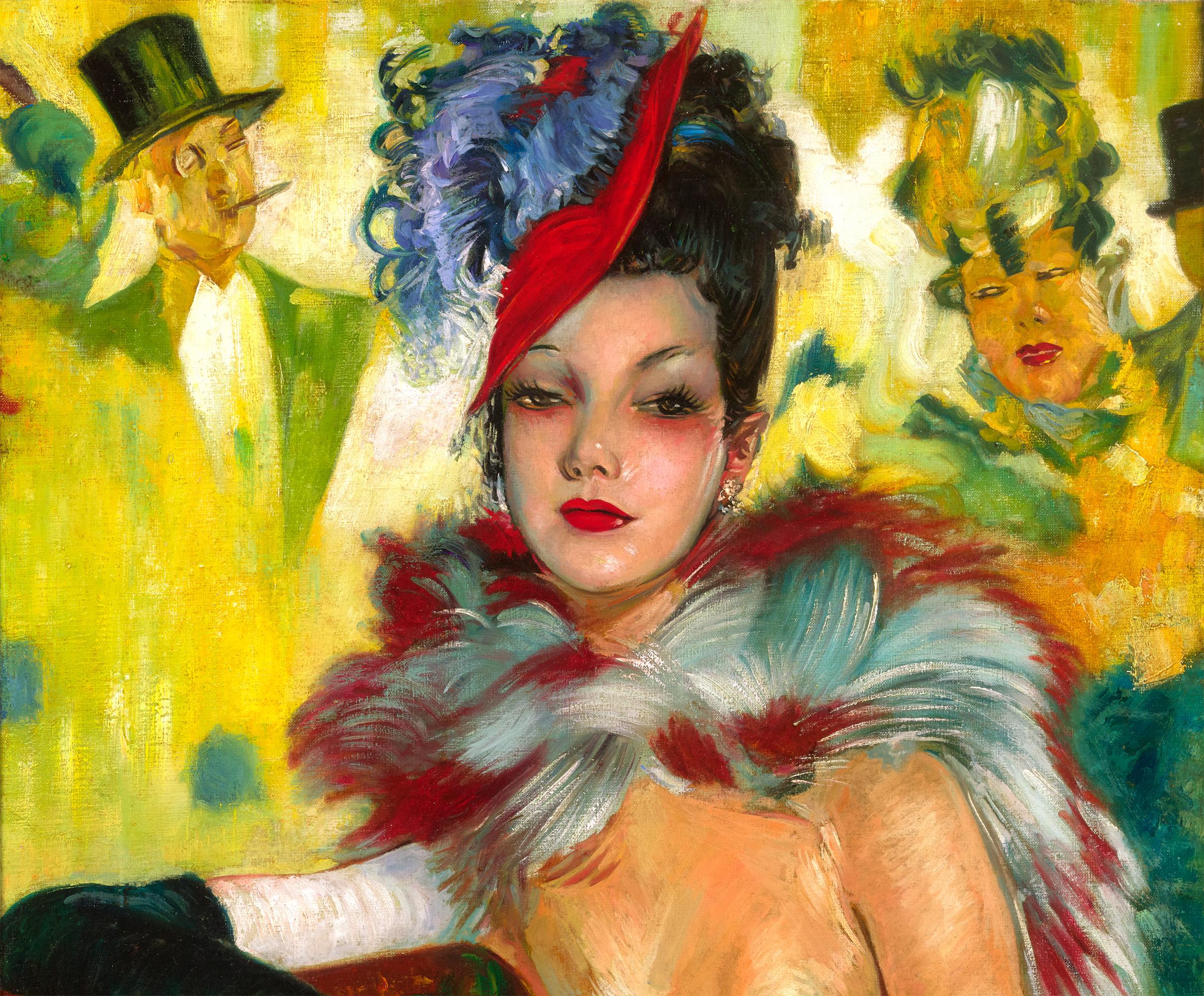 Elegant Lady with Feather Boa by Jean-Gabriel Domergue For Sale 2