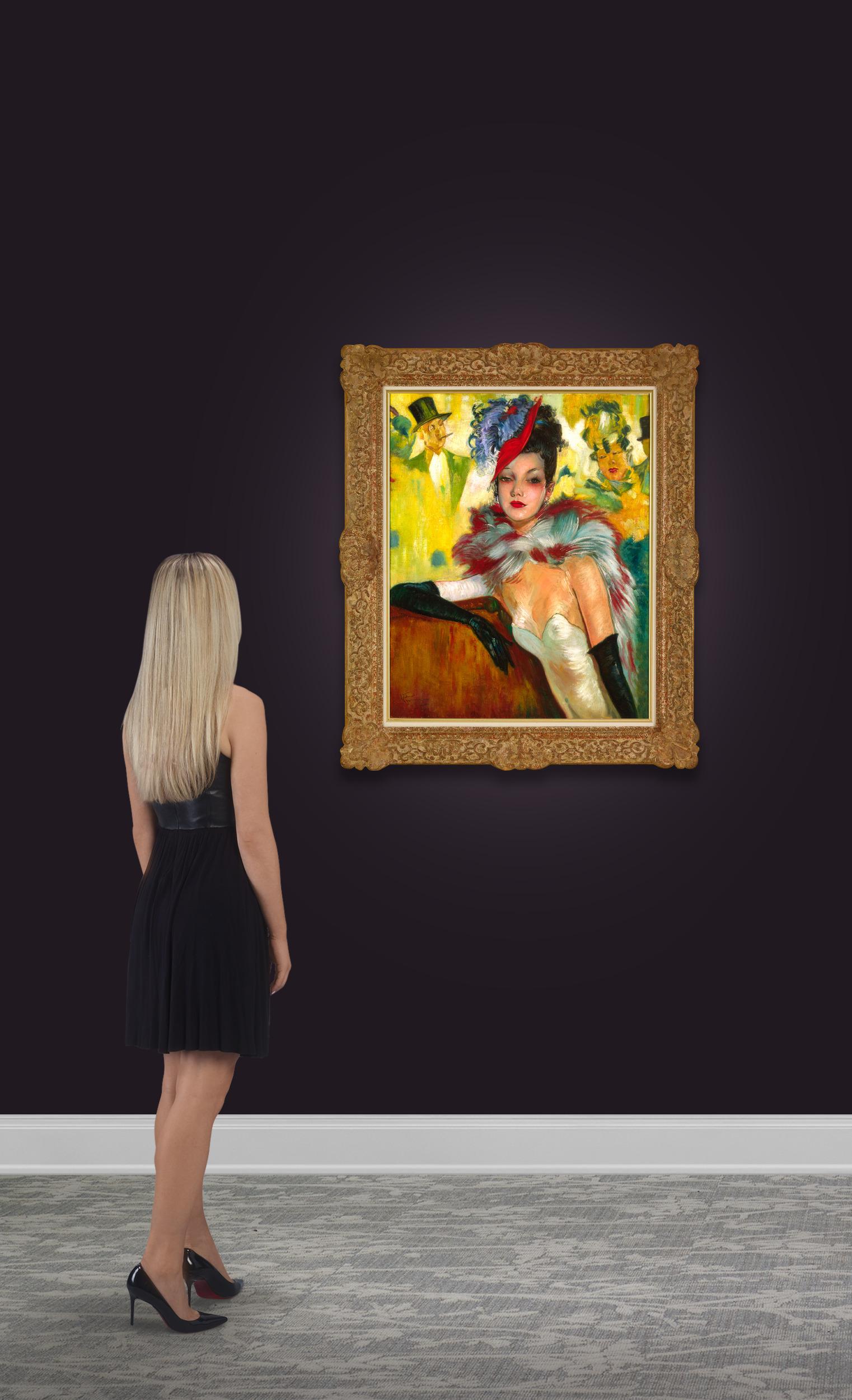 Elegant Lady with Feather Boa by Jean-Gabriel Domergue For Sale 4
