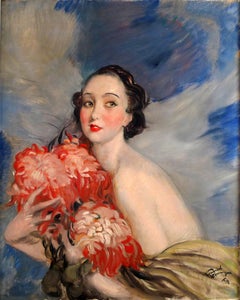 "Jeune femme aux fleurs" 20th Century oil on canvas by Jean-Gabriel Domergue