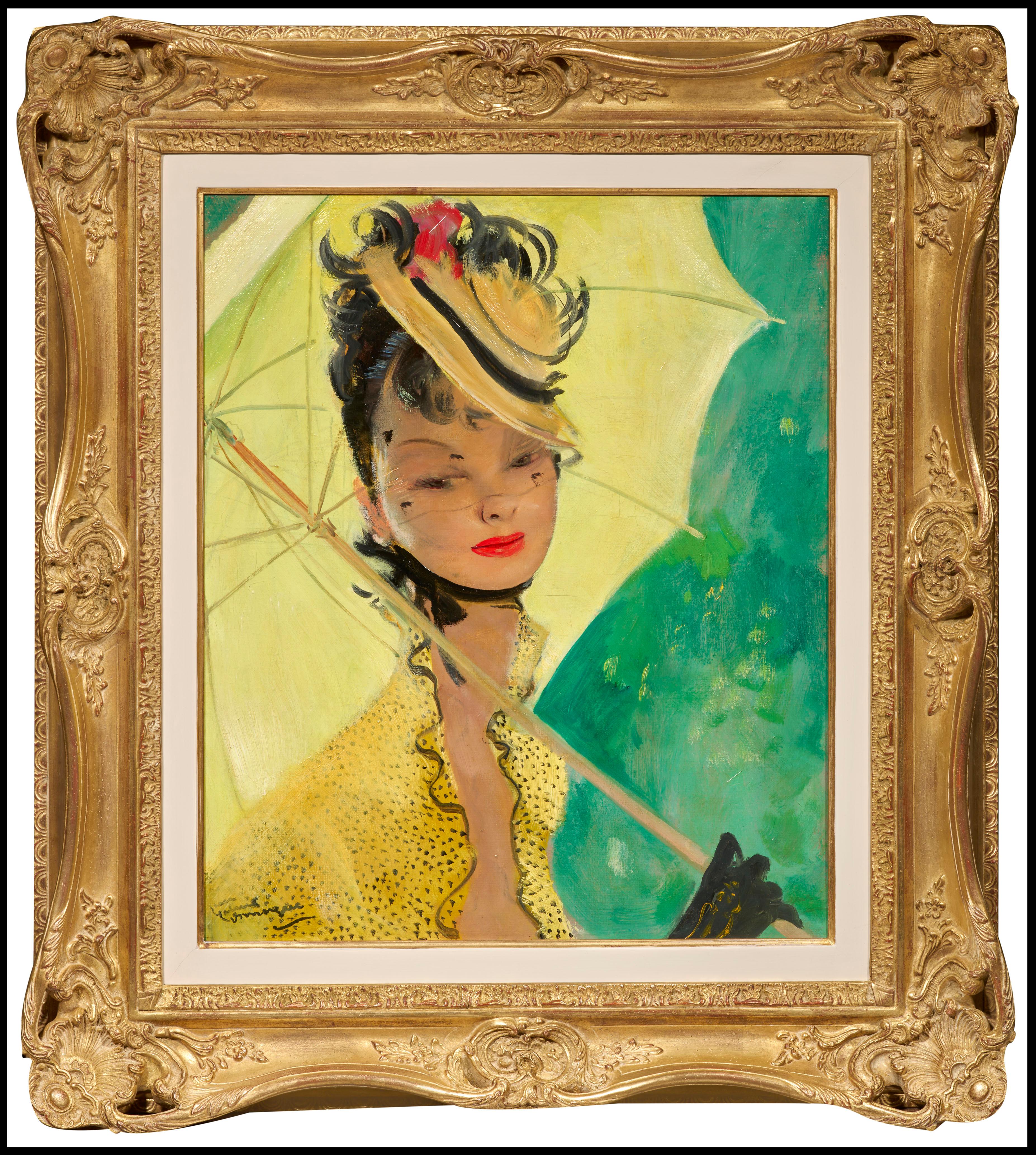 L'Ombrelle Jaune (Yellow Umbrella) - Painting by Jean-Gabriel Domergue