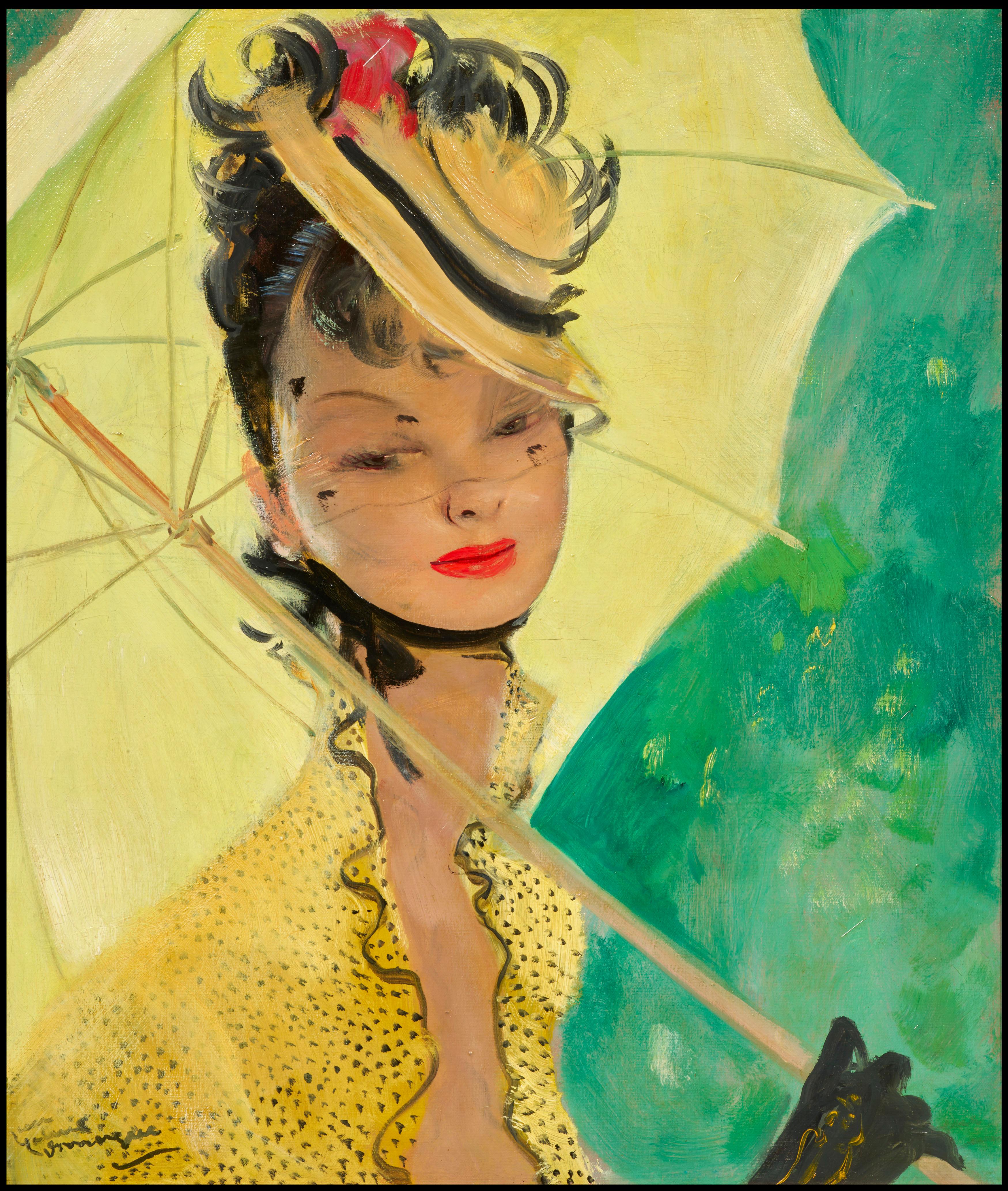 Jean-Gabriel Domergue Figurative Painting - L'Ombrelle Jaune (Yellow Umbrella)