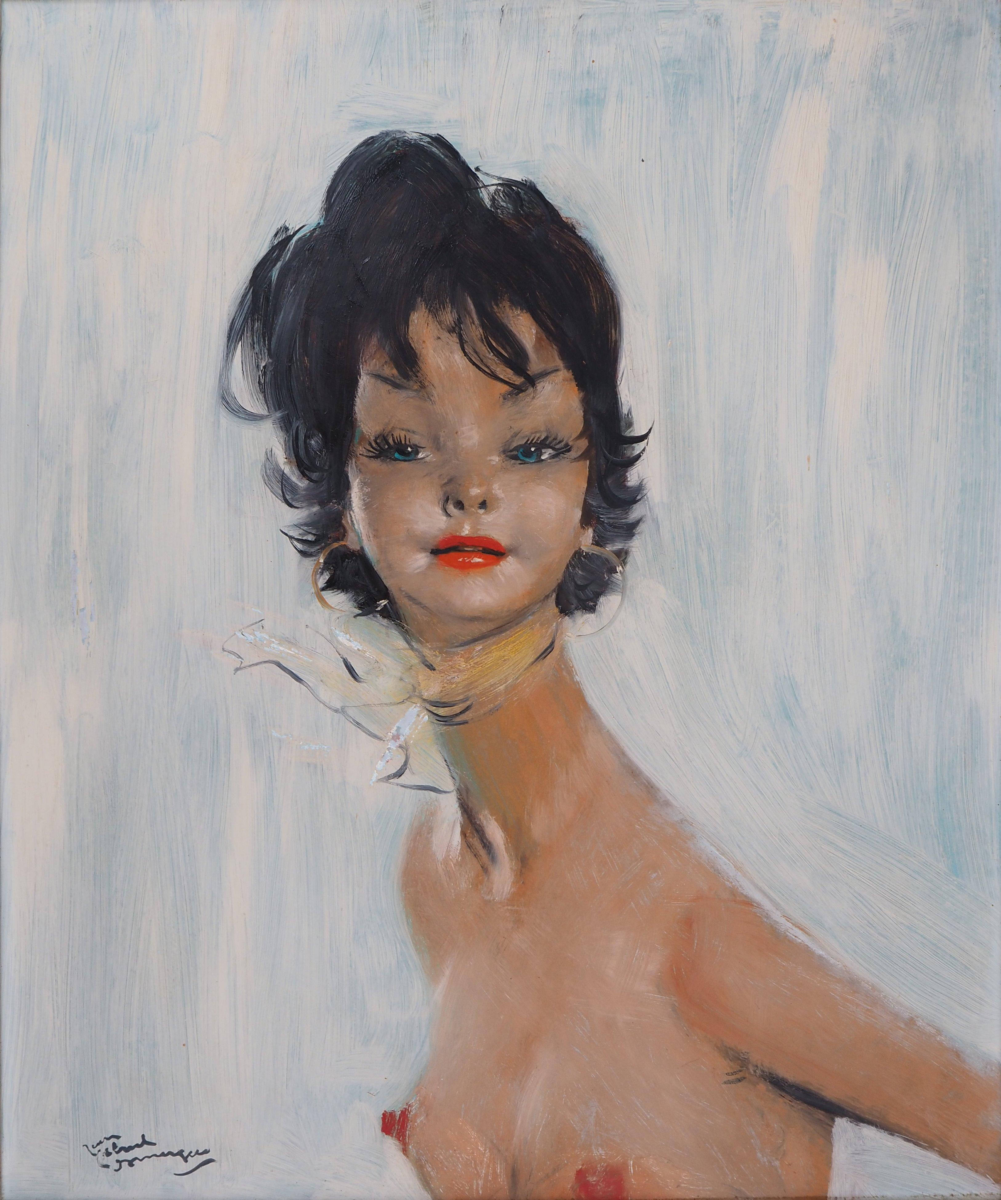 Maria, nudo su sfondo blu - Pittura a olio originale, firmata con le mani - Painting di Jean-Gabriel Domergue