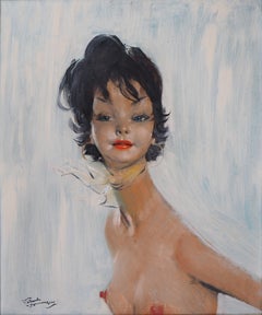 Maria, nu sur fond bleu - Peinture à l'huile originale, signée à la main