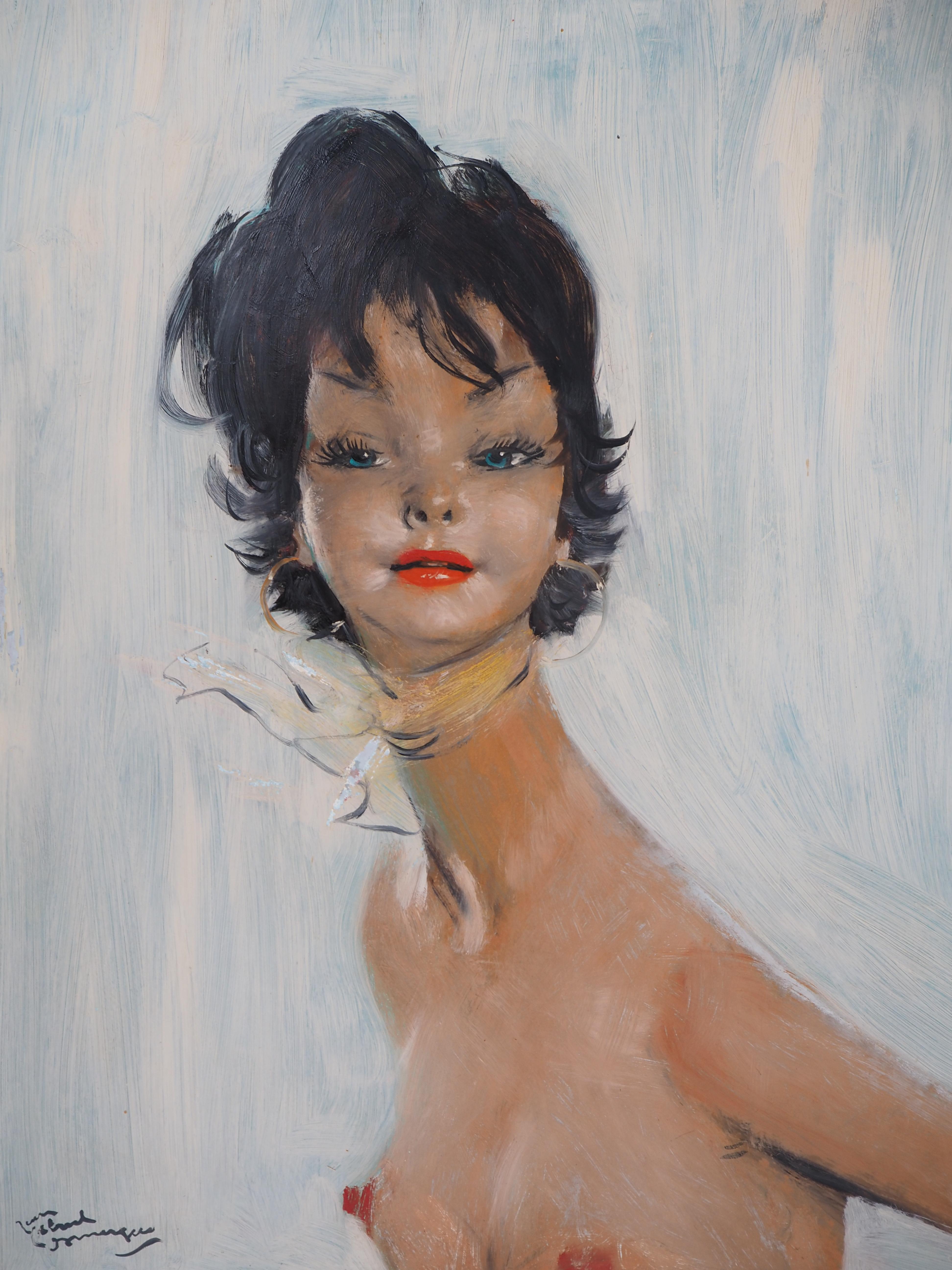Maria, nudo su sfondo blu - Pittura a olio originale, firmata con le mani - Nude Painting Grigio di Jean-Gabriel Domergue