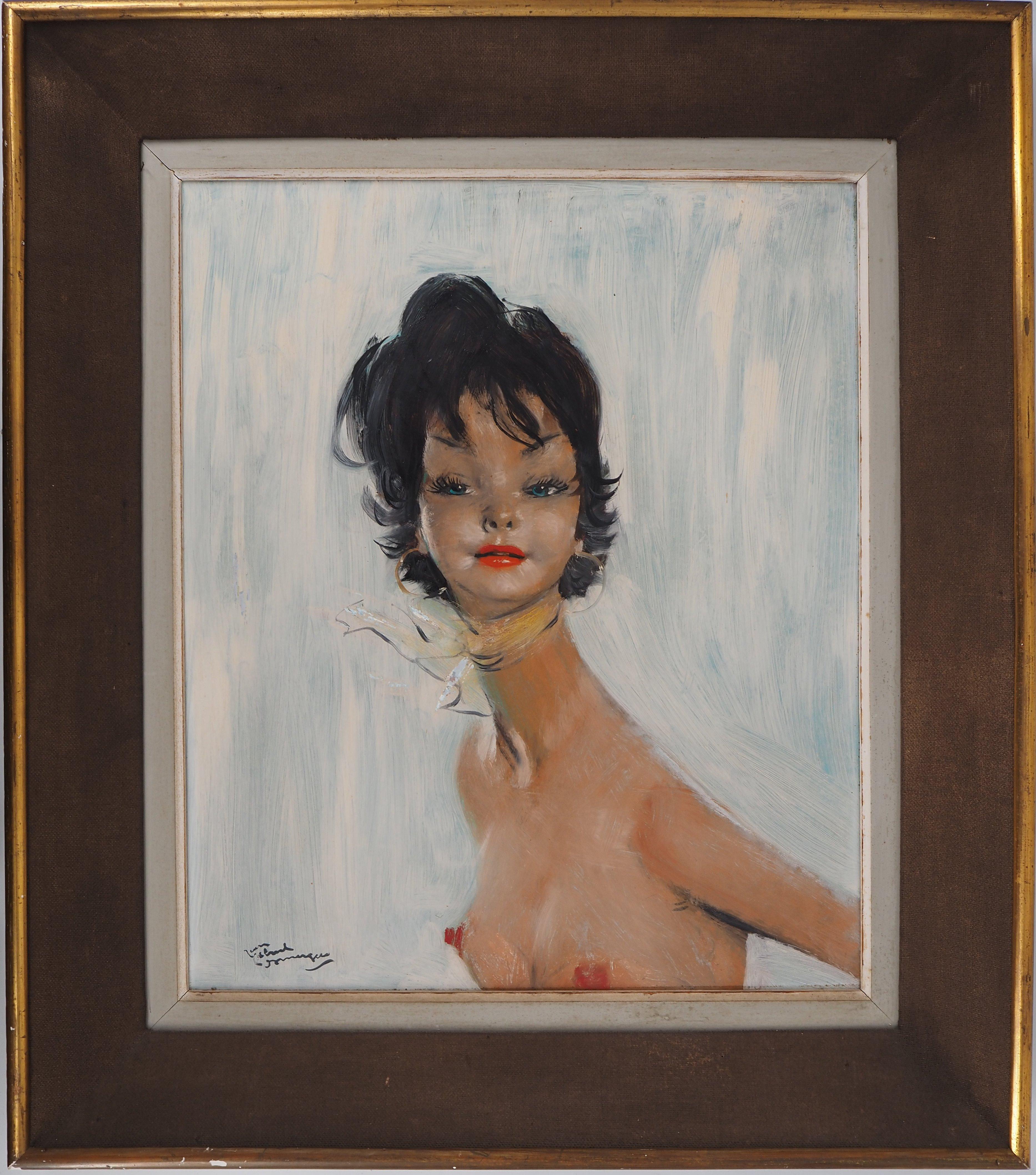 Nude Painting di Jean-Gabriel Domergue - Maria, nudo su sfondo blu - Pittura a olio originale, firmata con le mani