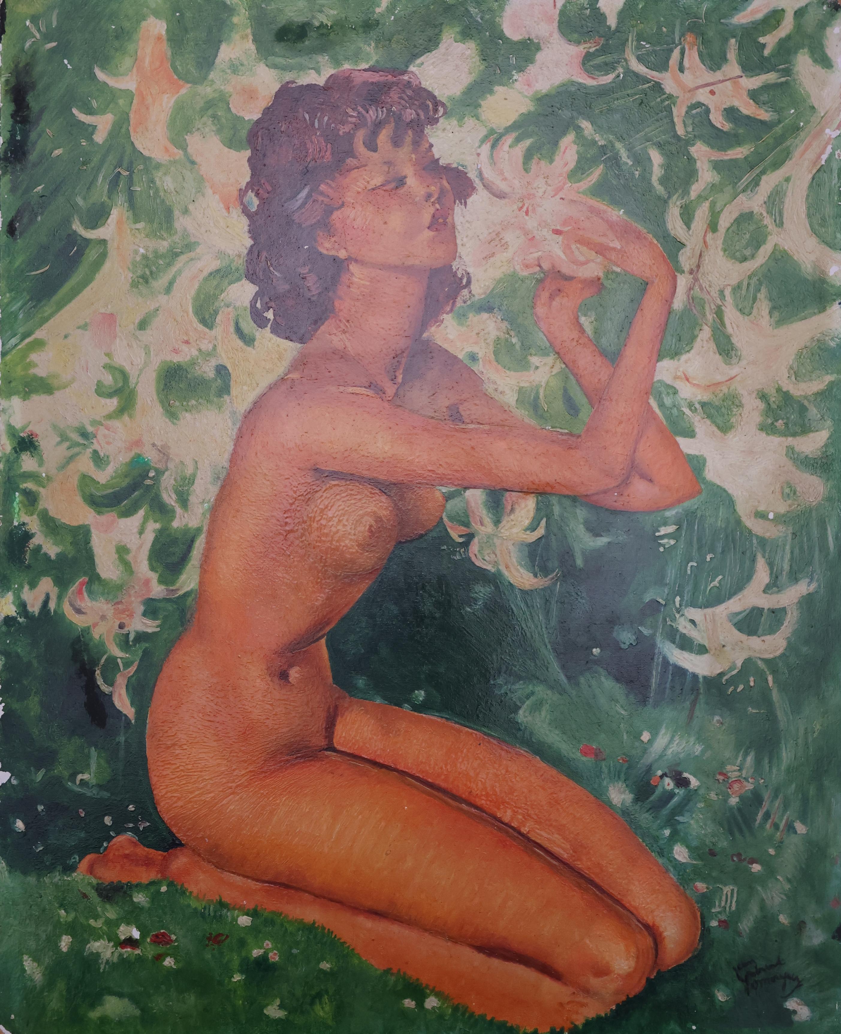 Jean-Gabriel Domergue Portrait Painting – Akt mit Lilien – Original-Ölgemälde, handsigniert