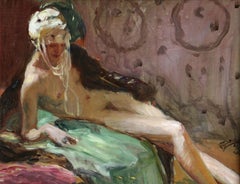 Odalisque - Huile post-impressionniste, nu dans un intérieur de Jean-Gabriel Domergue