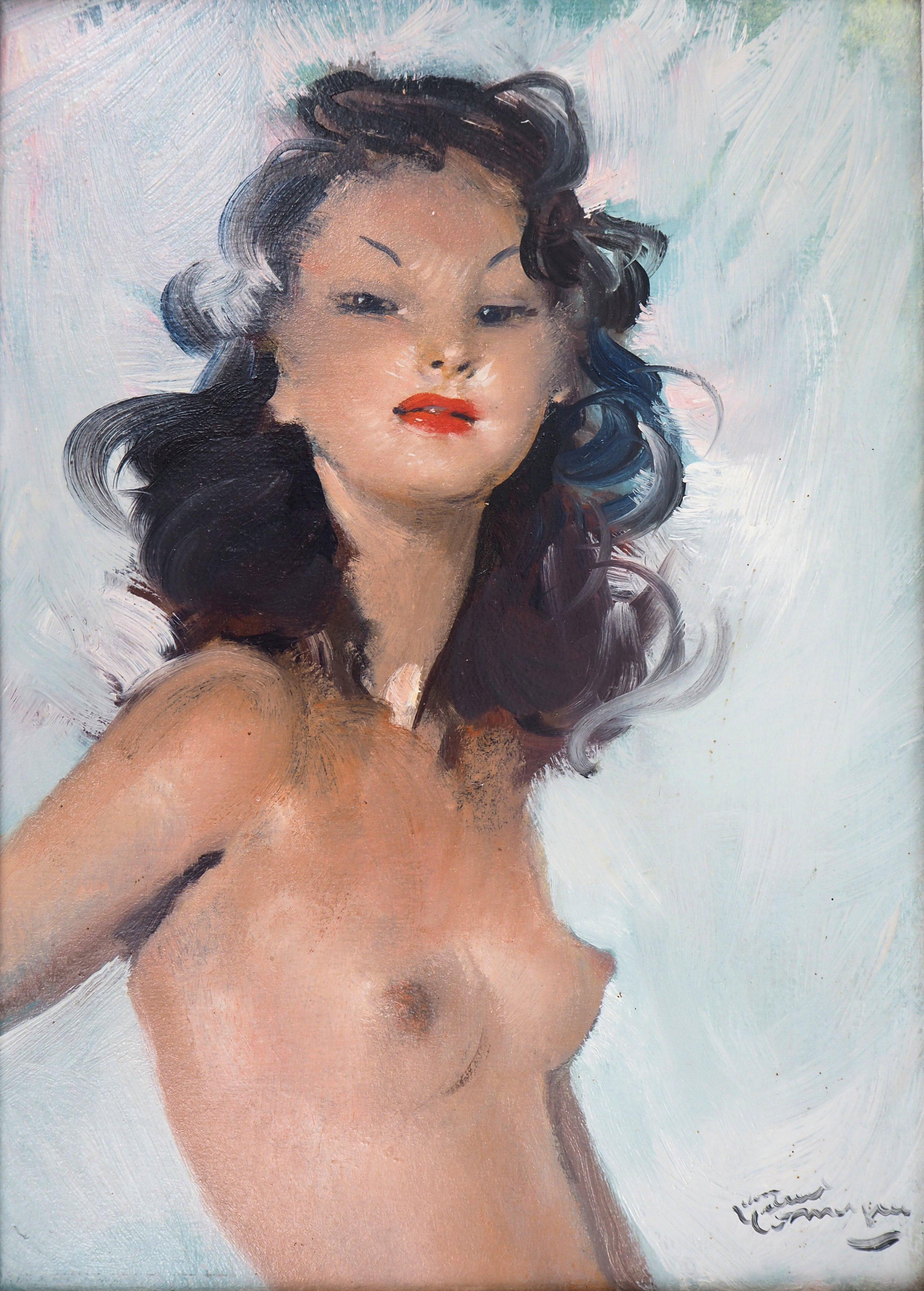 Proud Dark Hair Woman (Fabienne) - Original handsigned oil painting - Modern Painting by Jean-Gabriel Domergue