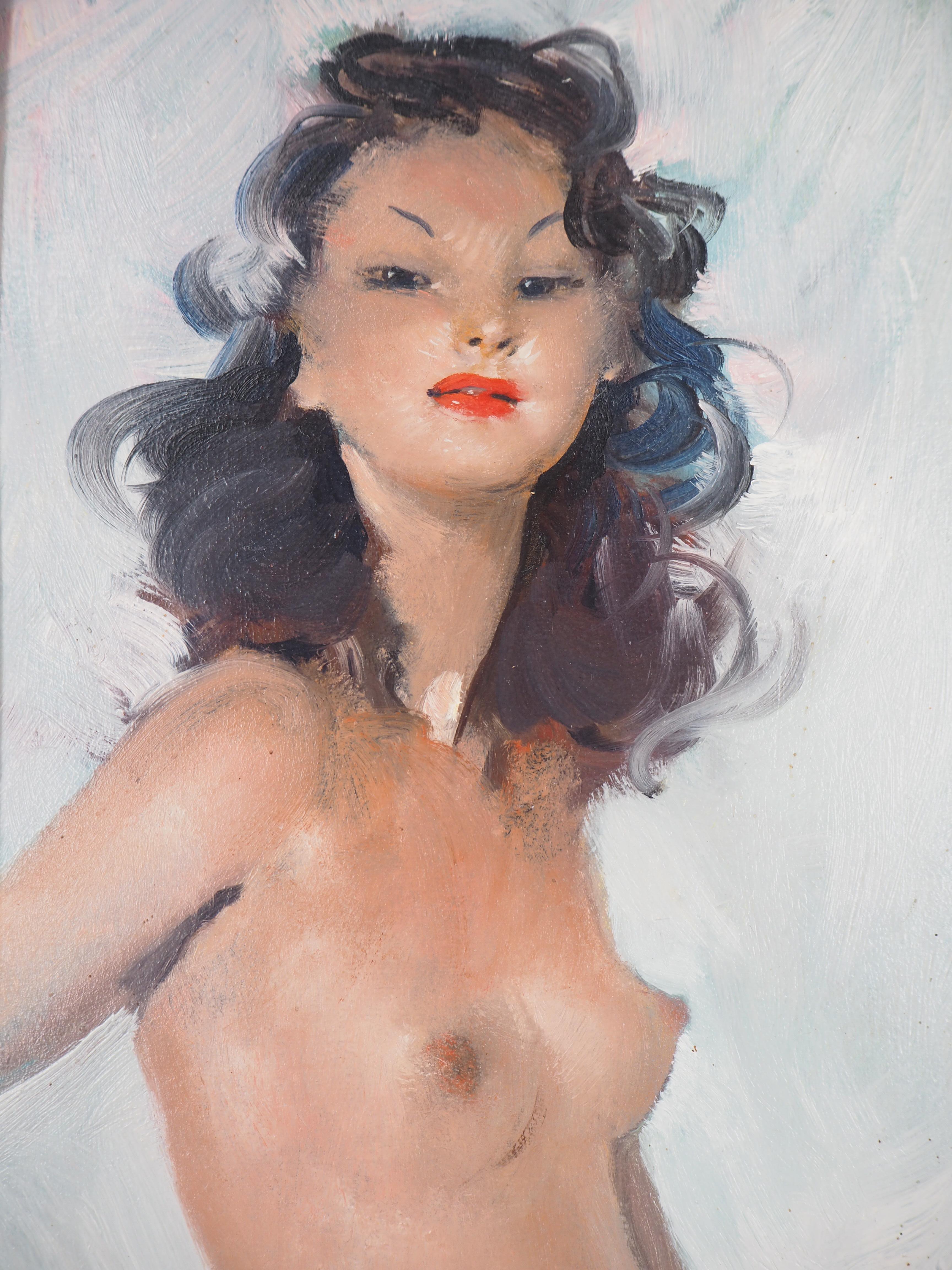 Proud Dark Hair Woman (Fabienne) - Original handsigned oil painting - Brown Nude Painting by Jean-Gabriel Domergue