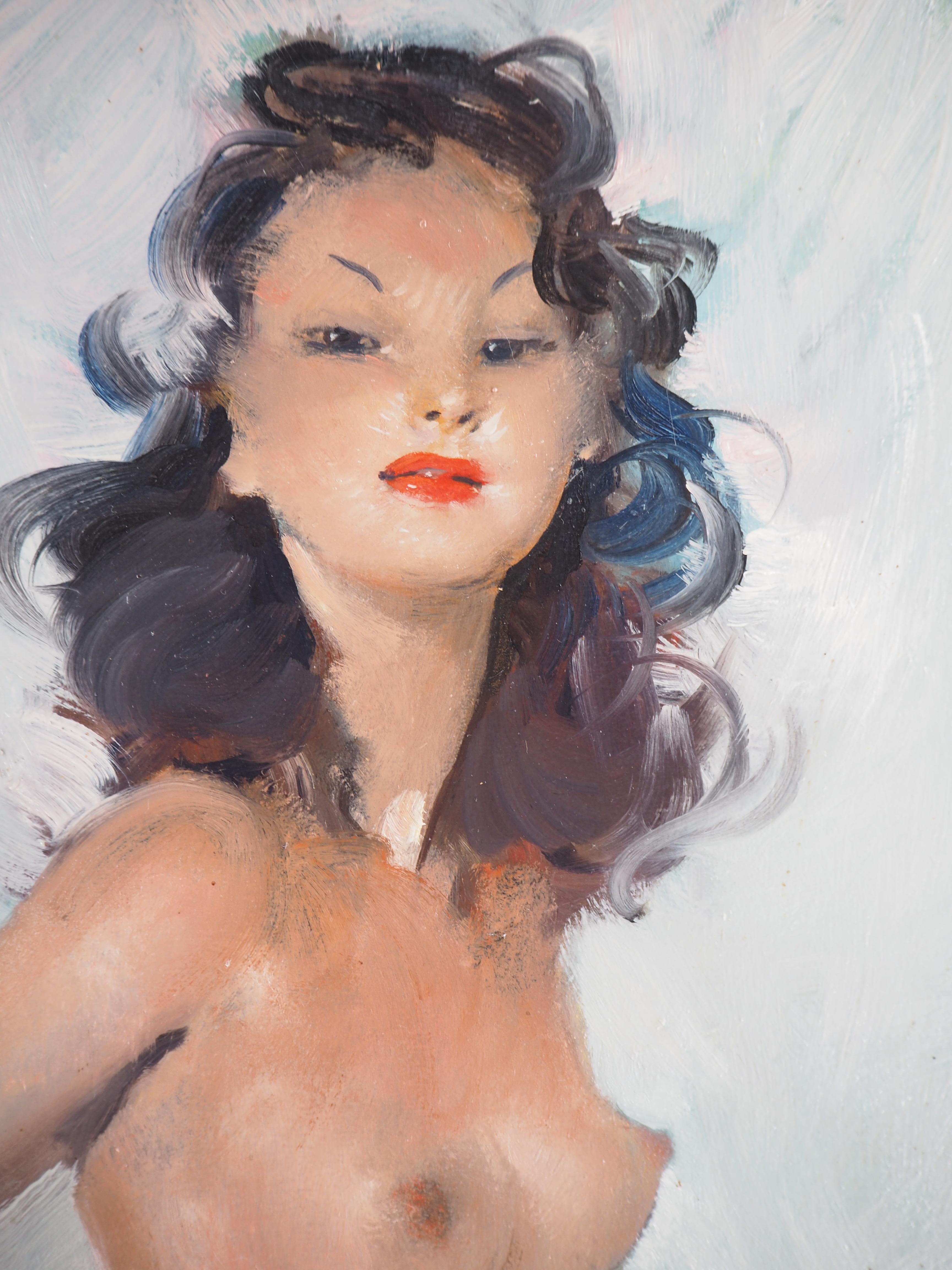 Jean-Gabriel DOMERGUE
Proud Dark Hair Woman (Fabienne), c. 1950

Original oil painting
Handsigned bottom right
On panel 33 x 24 cm (c. 13 x 10 in)
With frame 47 x 38 cm (c. 19 x 15 in)

Excellent condition, very light uses to the frame