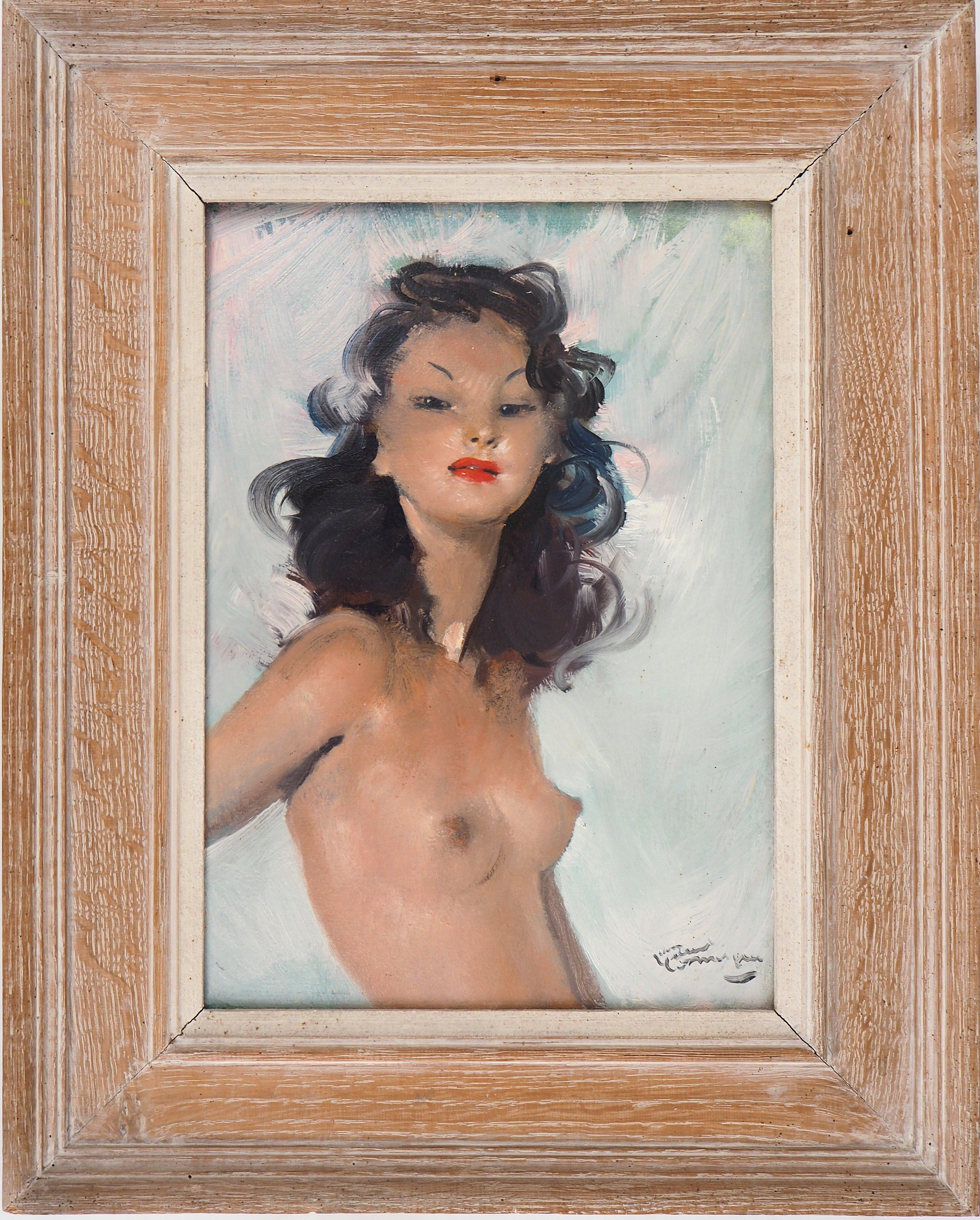Jean-Gabriel Domergue Nude Painting - Proud Dark Hair Woman (Fabienne) - Original handsigned oil painting
