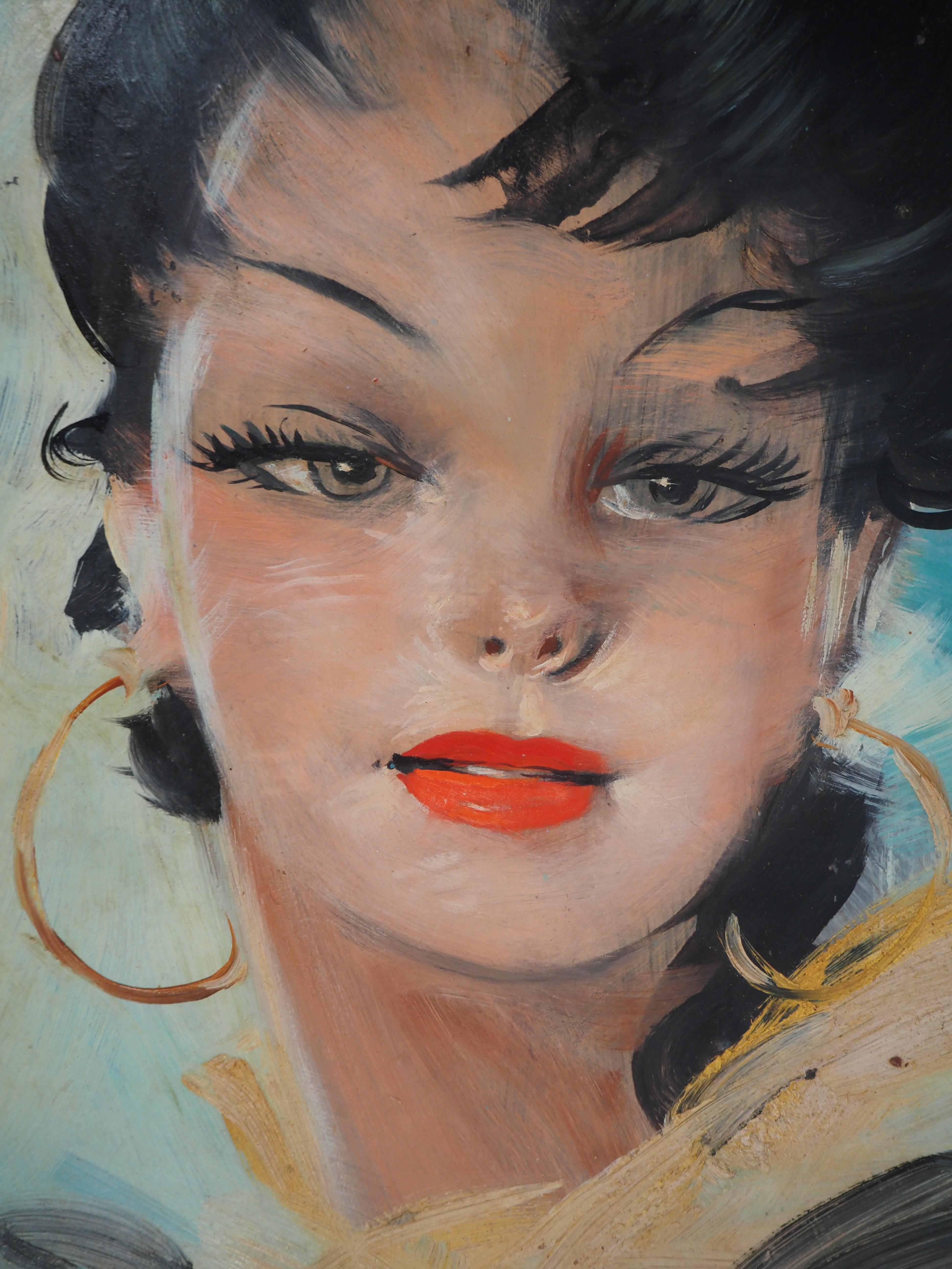 Smiling Model - Original Oil on Panel, Handsigned  - Brown Portrait Painting by Jean-Gabriel Domergue
