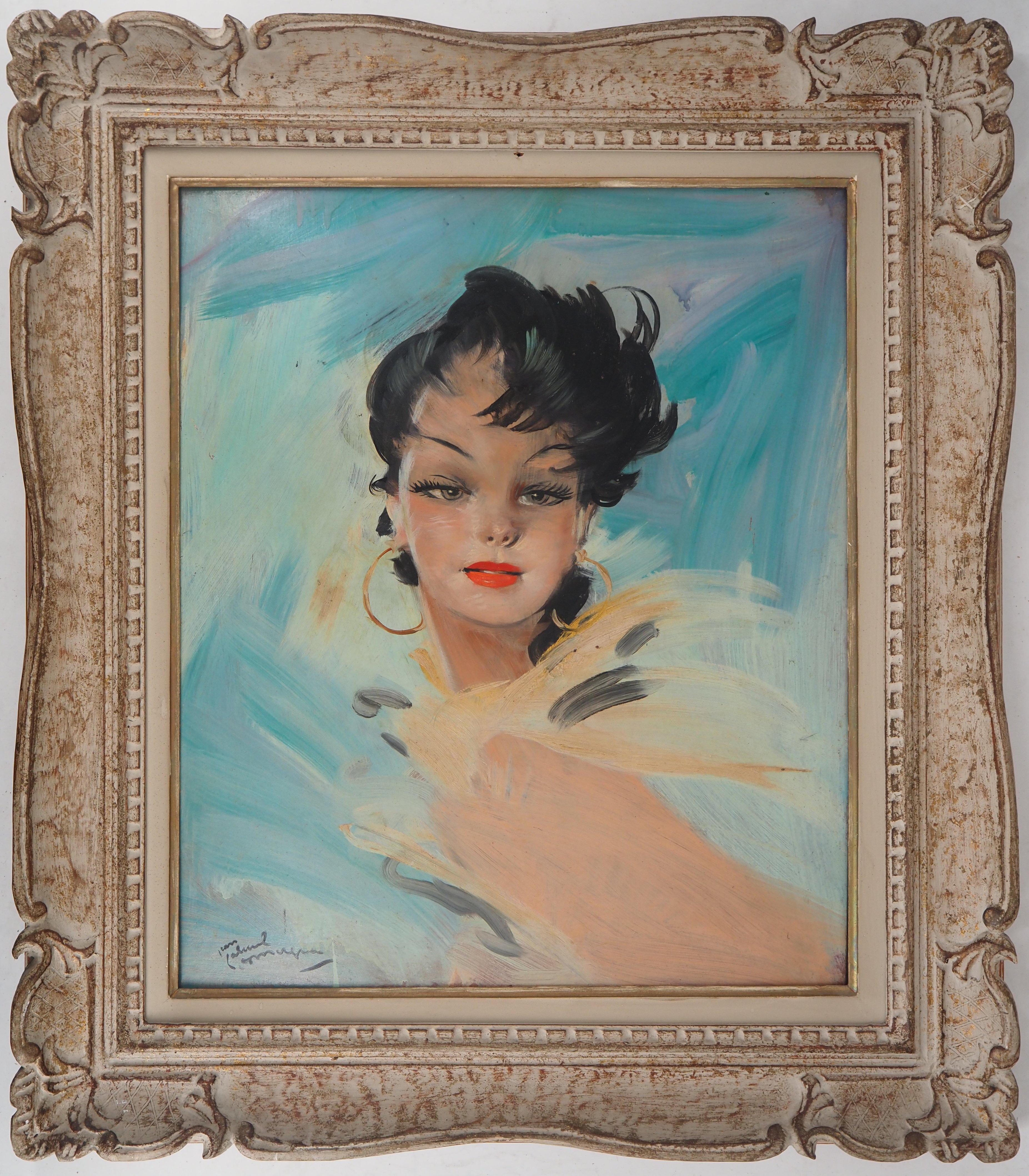 Jean-Gabriel Domergue Portrait Painting - Smiling Model - Original Oil on Panel, Handsigned 