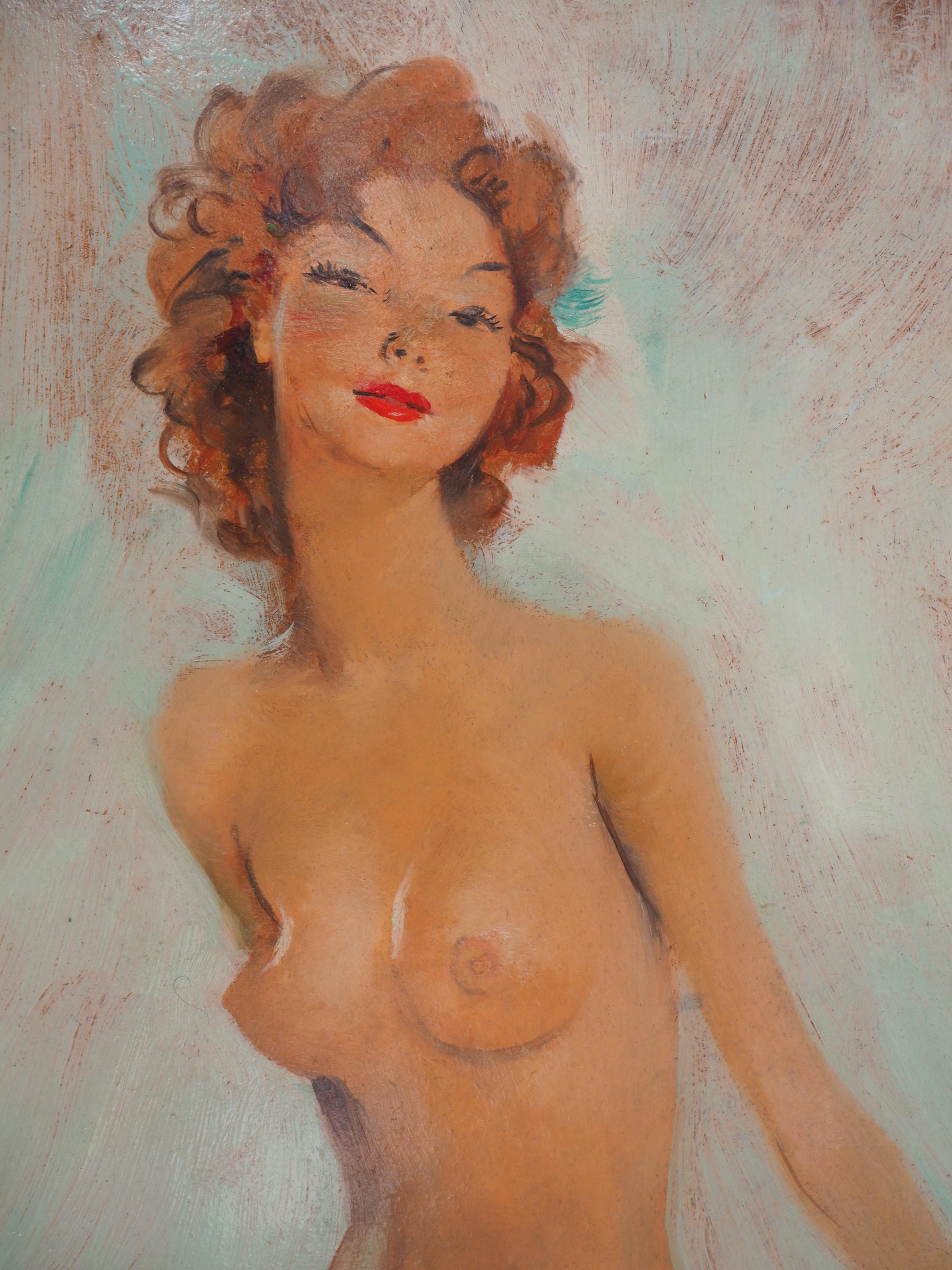 Smilling Model - Original handsigned oil painting - Brown Nude Painting by Jean-Gabriel Domergue