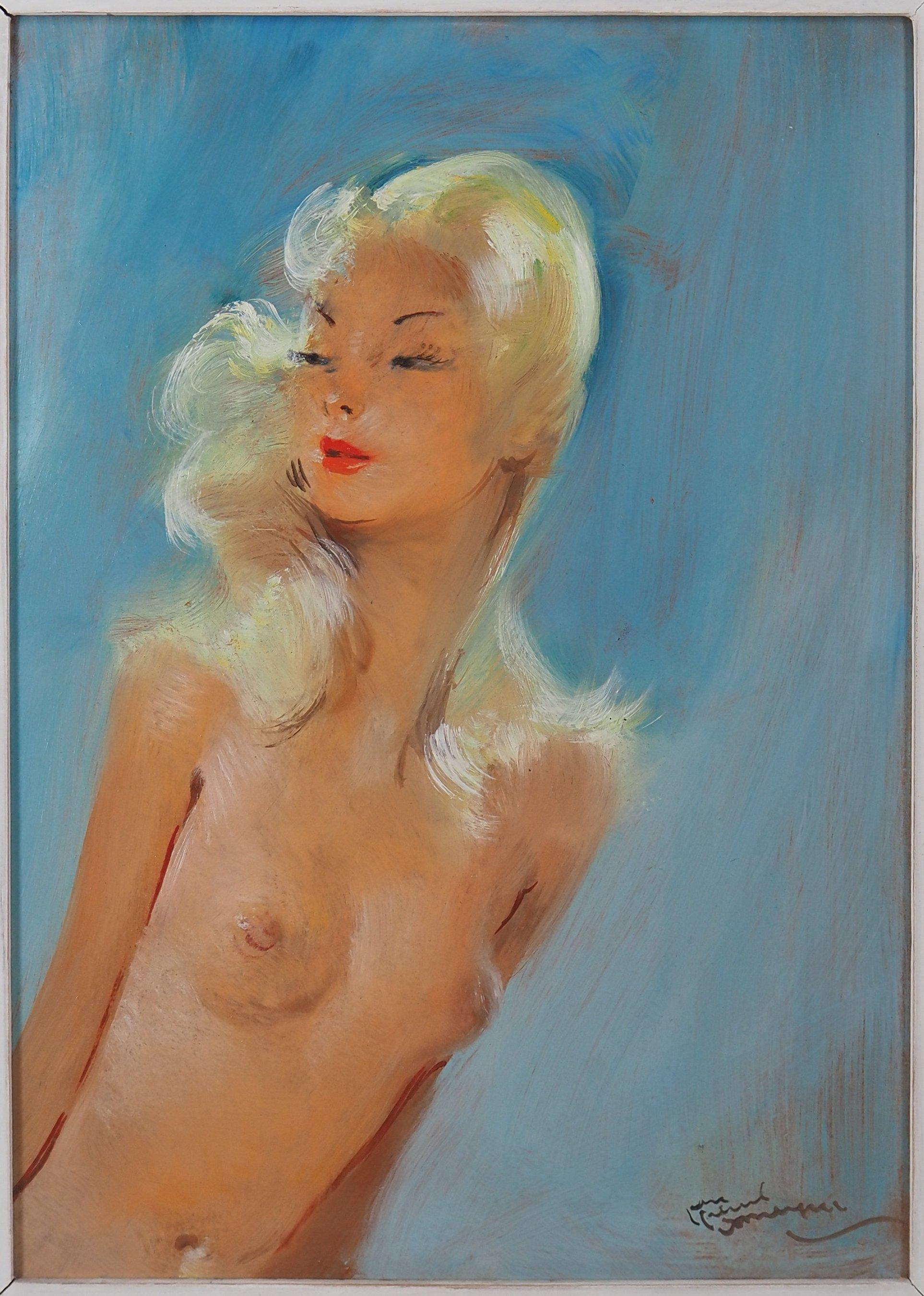 Sonia, nudo su sfondo blu - Pittura ad olio originale, firmata con la mano - Painting di Jean-Gabriel Domergue
