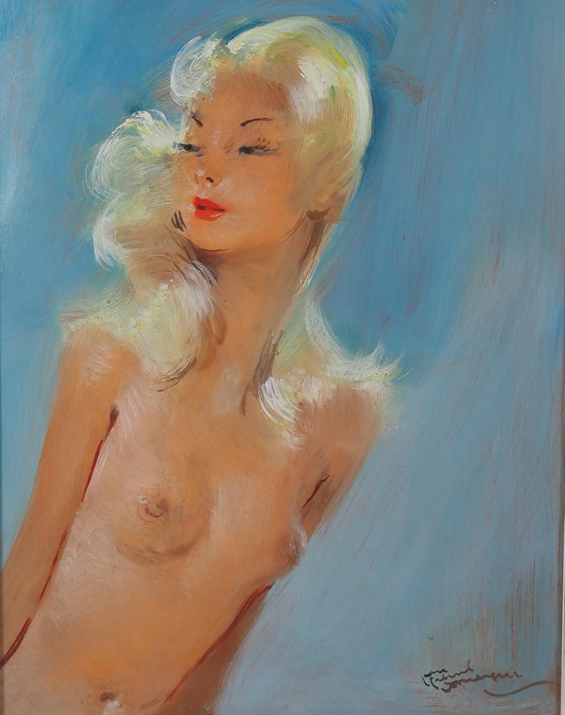 Sonia, nudo su sfondo blu - Pittura ad olio originale, firmata con la mano - Painting Moderno di Jean-Gabriel Domergue